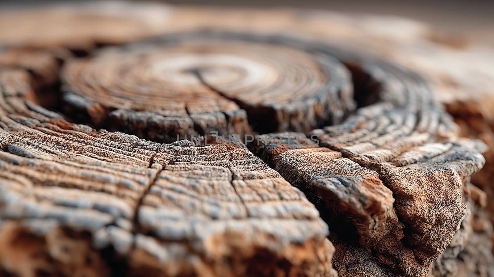Macro image of a weathered tree stump showing cracked rings and rough wood texture, highlighting natural age patterns and organic surface details.