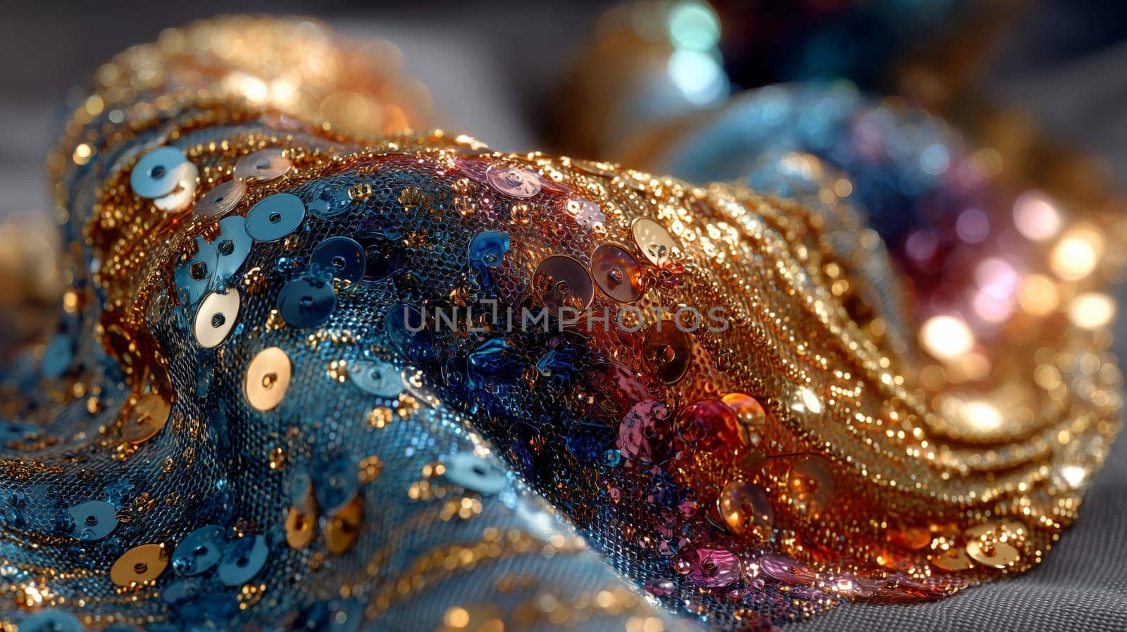 Close-up of vibrant sequin fabric with shimmering gold threads, blue, red, and pink sequins. Luxurious textile texture with sparkling bokeh background.
