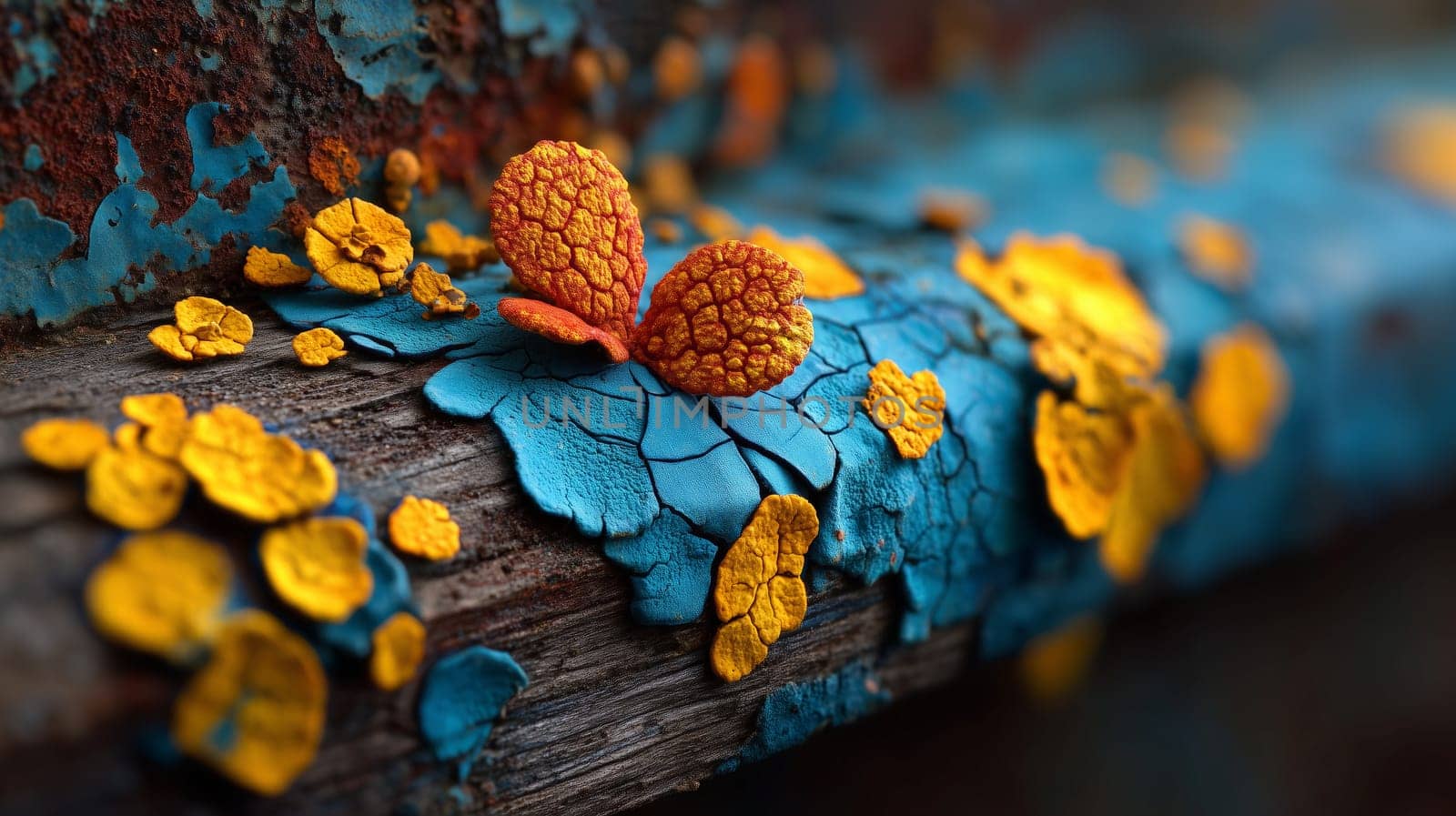 Close-up of vibrant yellow and orange peeling paint, creating a textured pattern on a weathered surface with blue paint cracks.