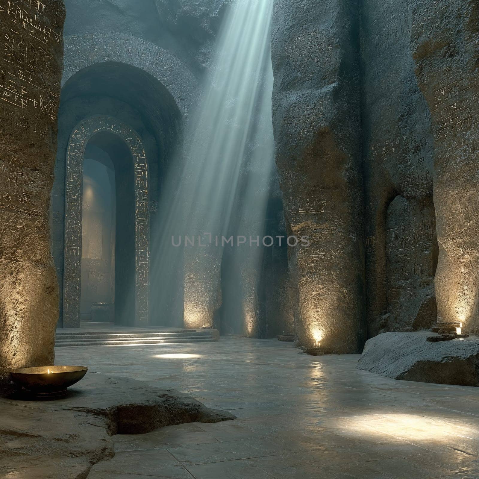 Mysterious ancient temple hall illuminated by soft light beams, with walls covered in glowing inscriptions and stone features, creating a sacred atmosphere.