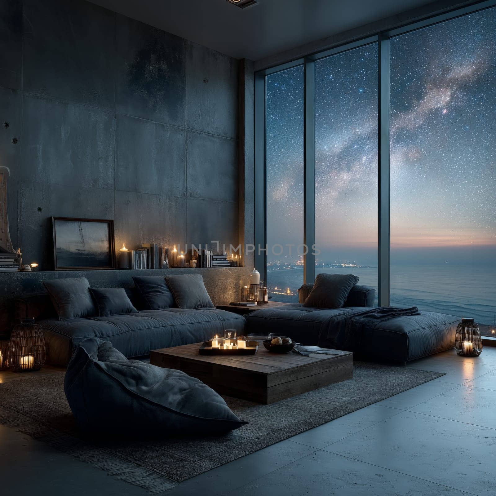 Stylish interior with low sofas, candlelight, and a panoramic window revealing a serene ocean and starry sky at twilight. Warm, intimate atmosphere. No people.