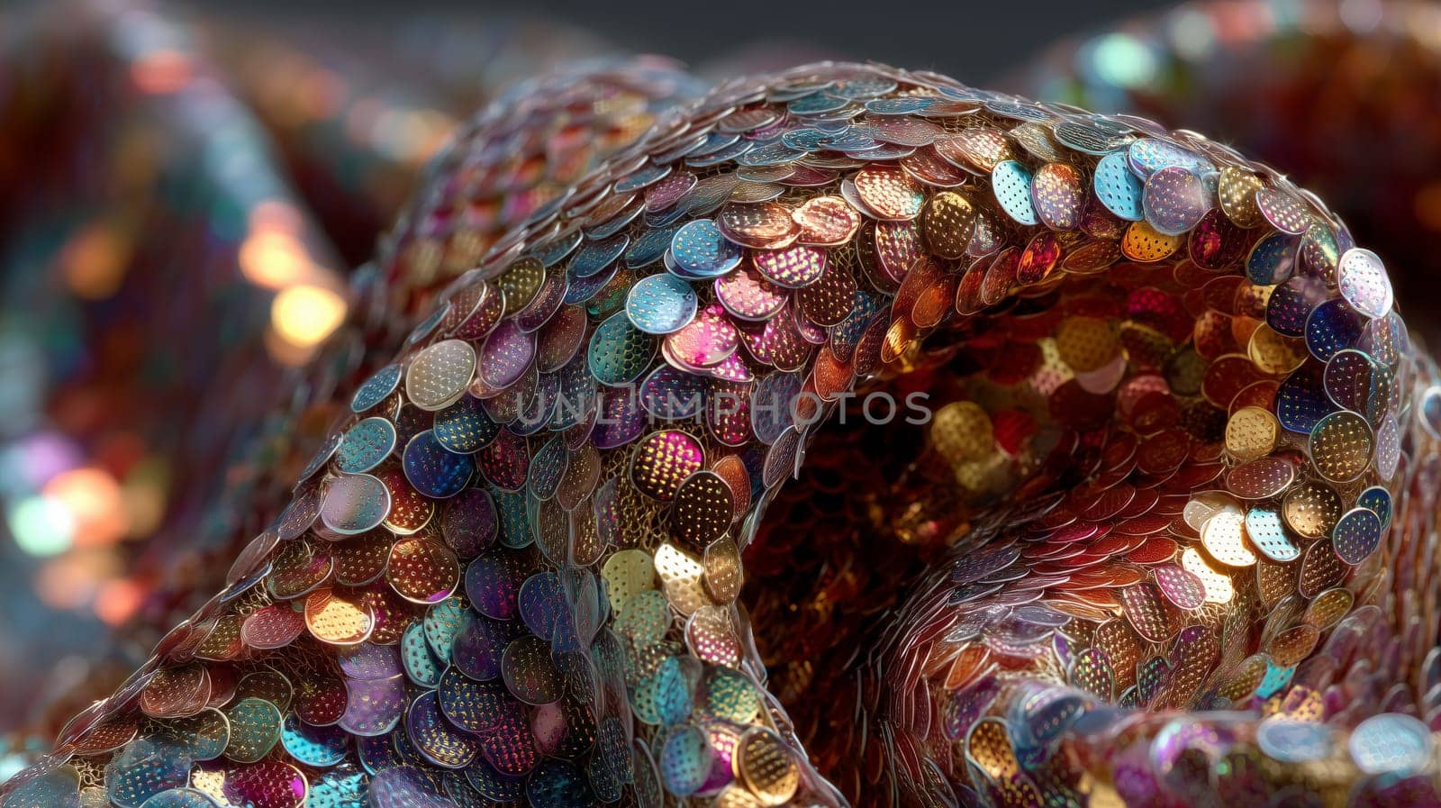 Close-up of shimmering fabric covered in layered, reflective sequins in various colors. Iridescent, scale-like texture with dynamic folds and bokeh light.