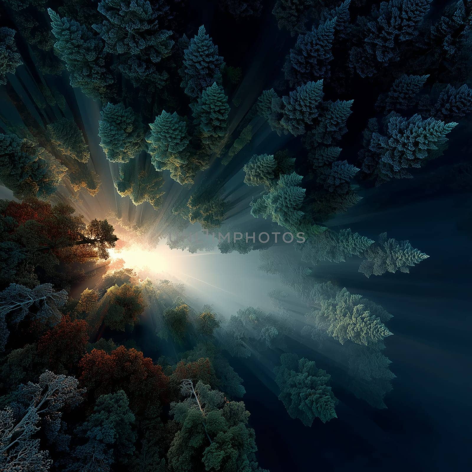 Abstract forest scene with a glowing sunburst piercing through layers of stylized trees, forming a radial composition with dramatic light and shadow play.
