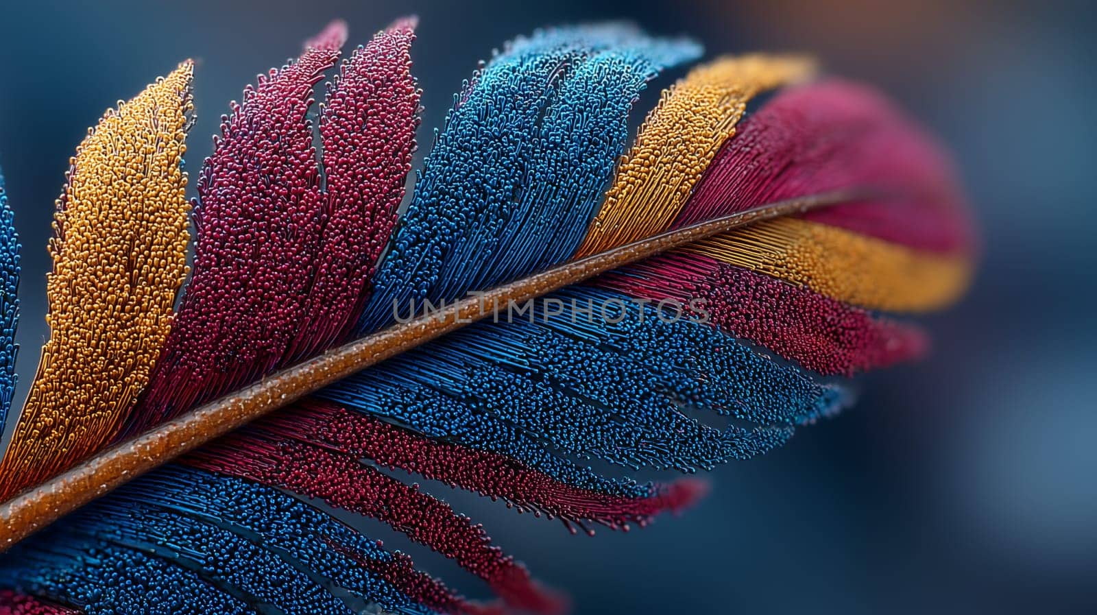 Close-up of a vibrant feather with rich red, blue, and golden colors, showcasing fine textures and intricate details of the delicate strands and droplets of water.