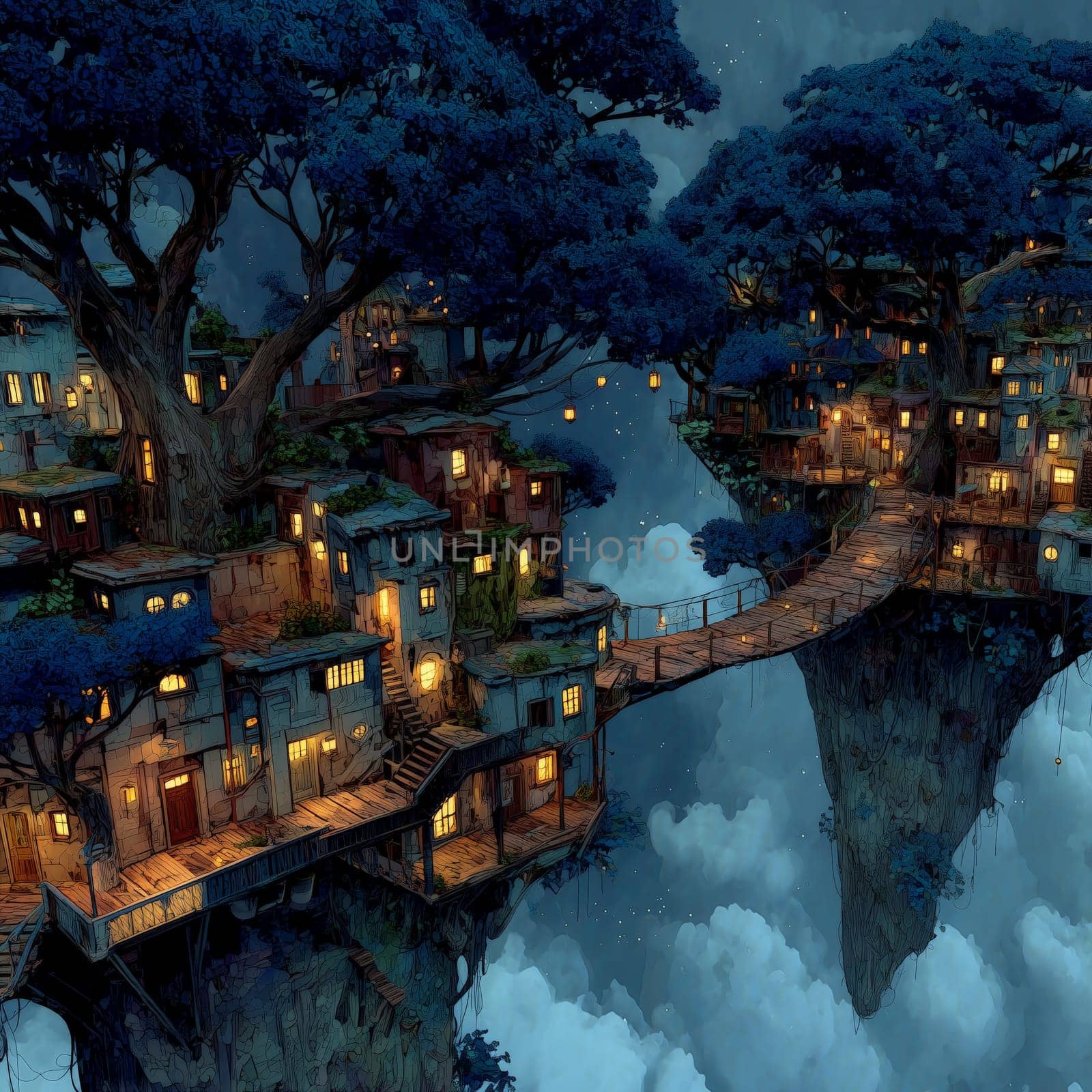 Fantasy illustration of a floating treehouse village with hanging lights and wooden bridges, nestled in treetops above clouds under a starry night sky.
