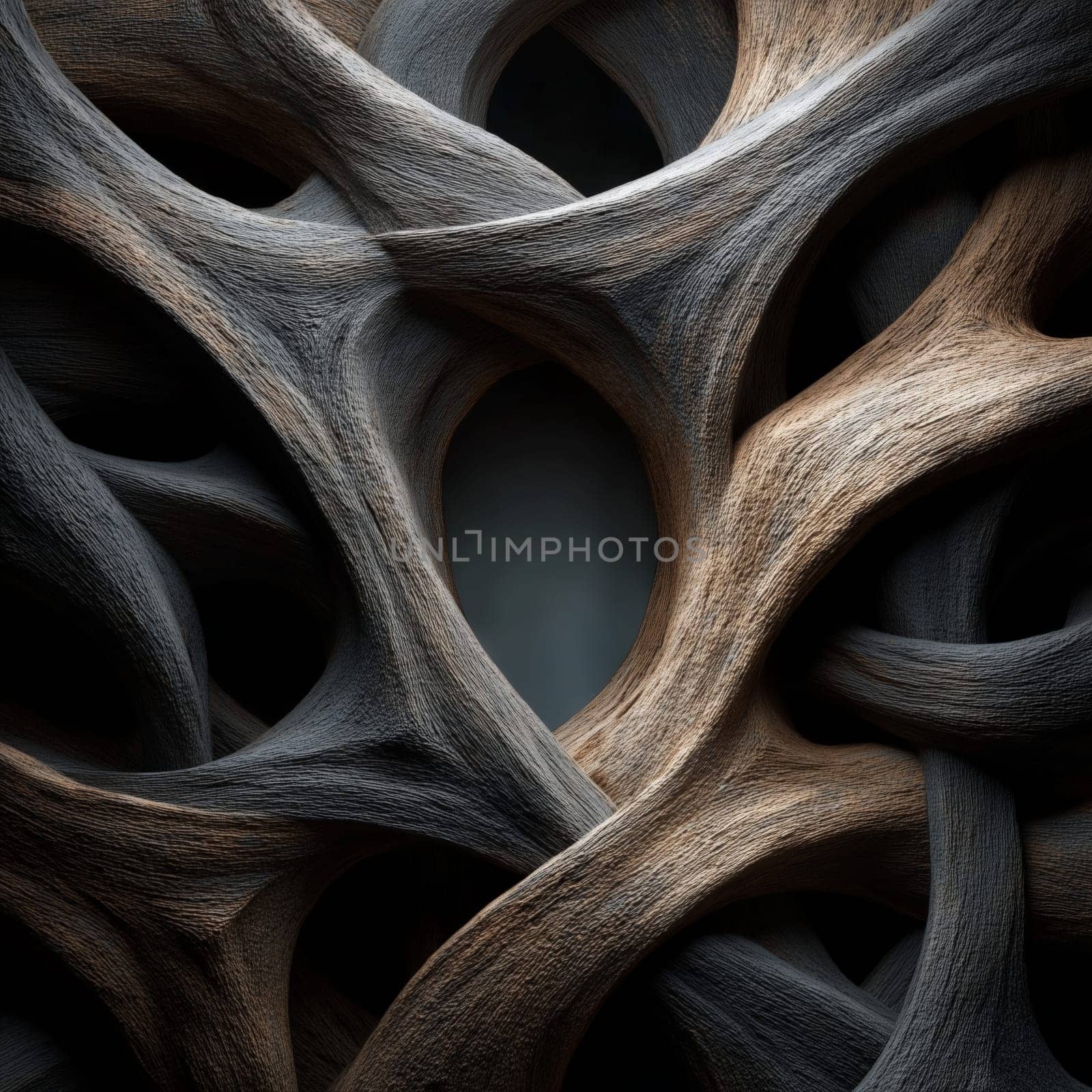Artistic 3D rendering of a complex, intertwined structure resembling twisted wood or roots, with flowing organic forms and natural textures in neutral tones.