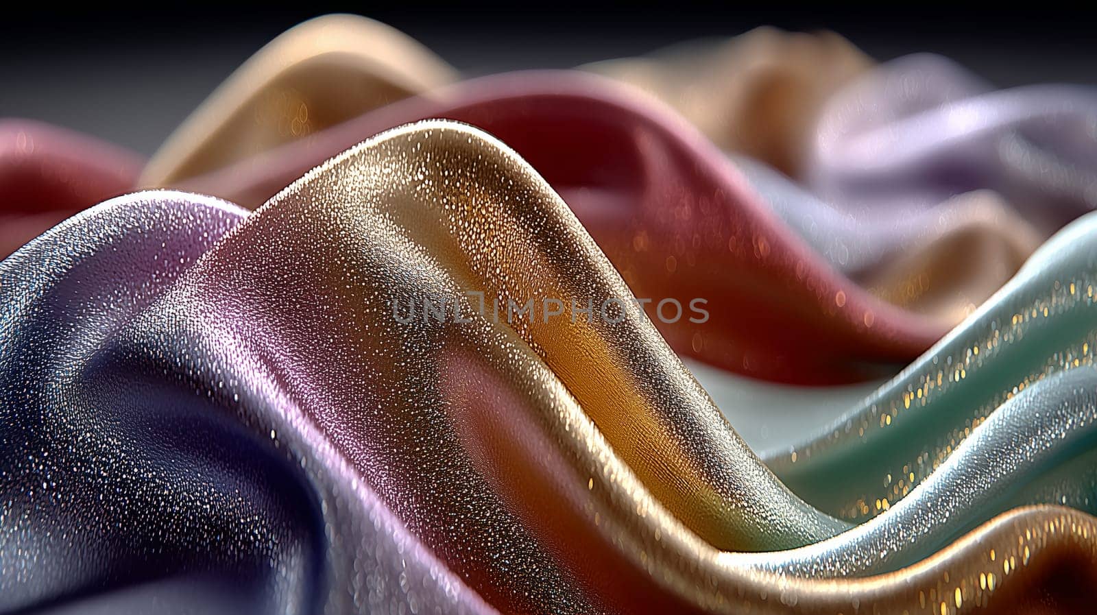 Close-up of shimmering multicolored fabric waves with glittery texture and iridescent highlights under soft lighting.