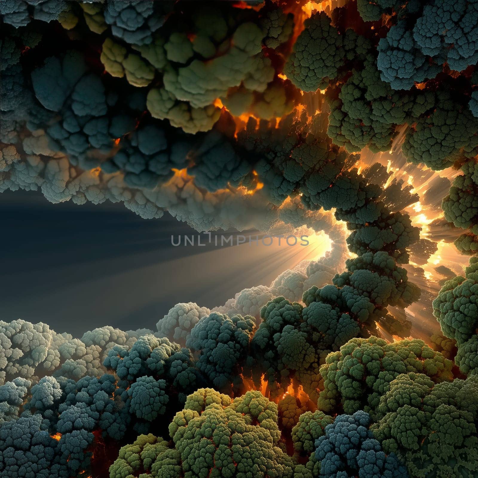 Abstract forest scene with fractal-like trees forming a spiral tunnel, illuminated by glowing light and dramatic rays breaking through the dense foliage.