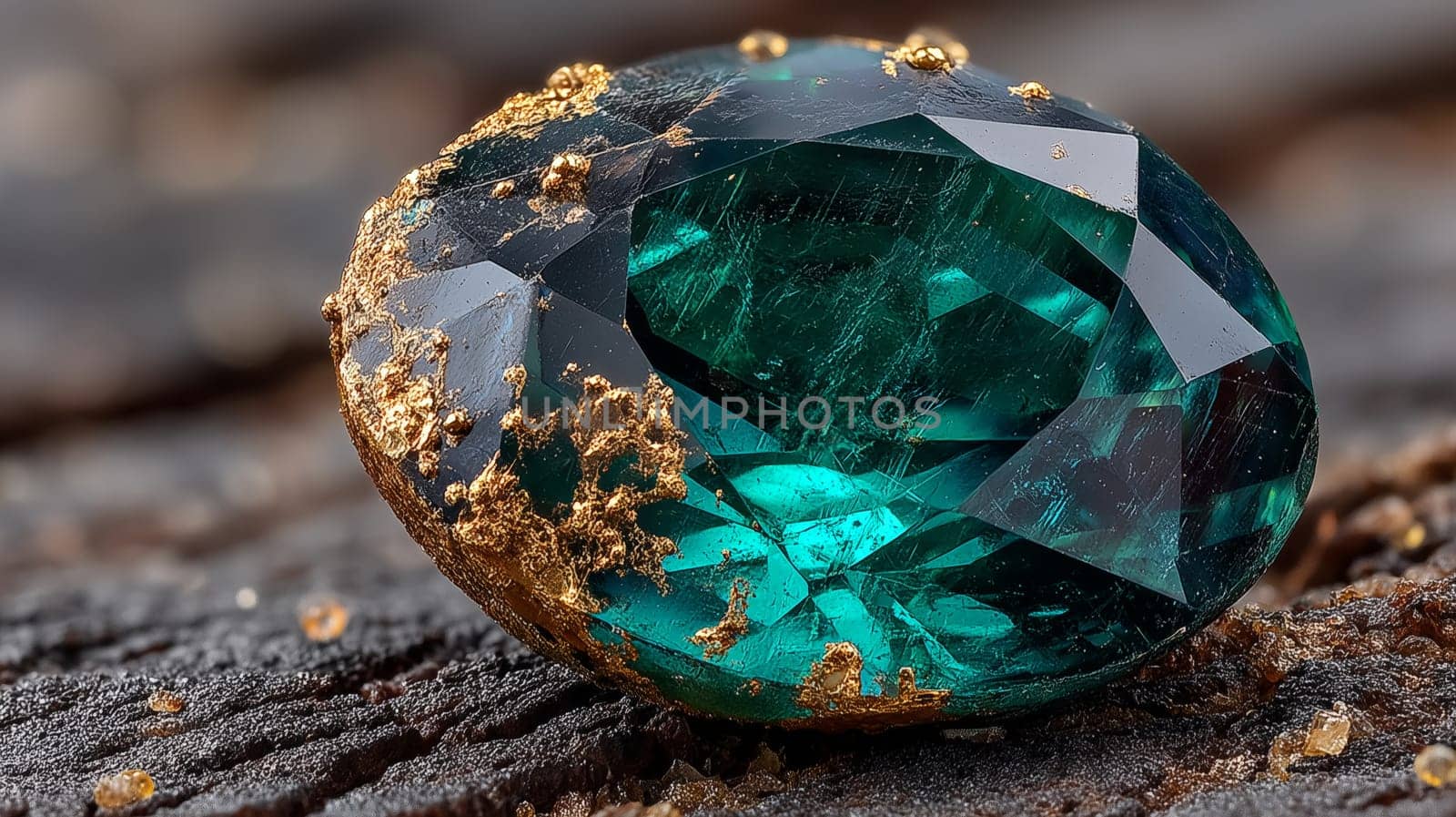Close-up of a deep green faceted emerald featuring natural gold deposits on its surface, resting on a textured dark background.