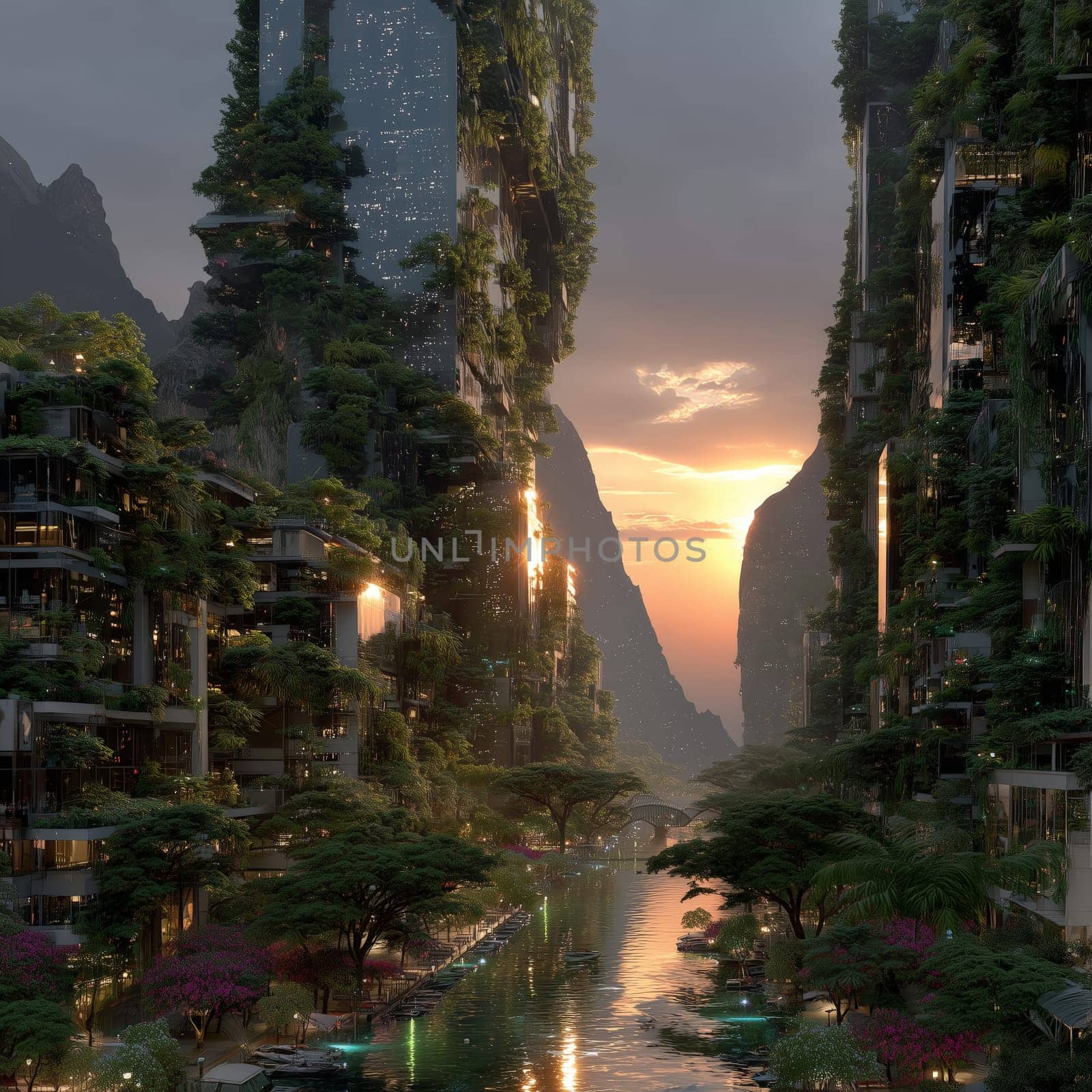 A futuristic eco-cityscape with lush vertical gardens, green skyscrapers, and a tranquil canal, glowing at sunset between towering cliffs.