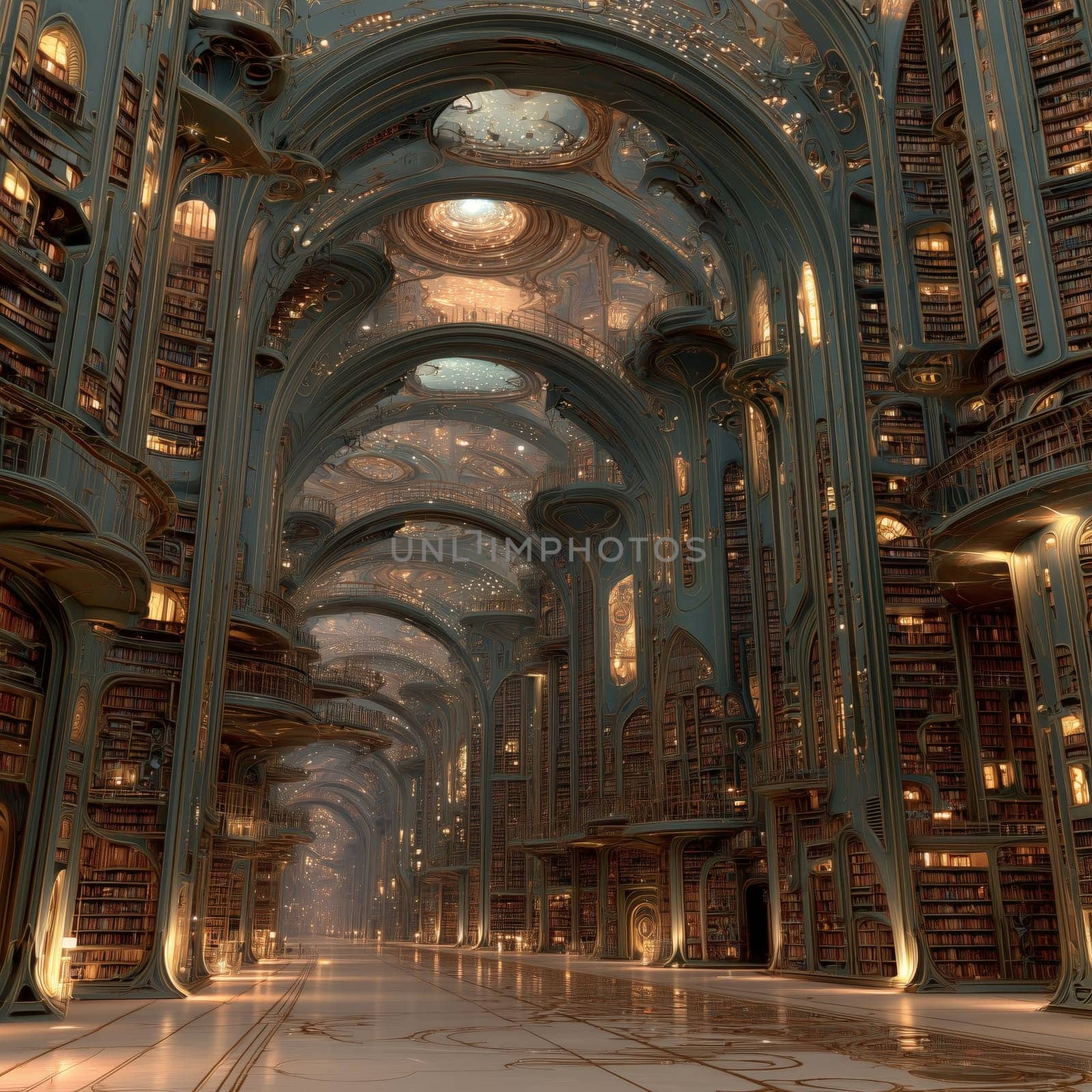 Vast, ornate library with towering arches, intricate details, and glowing ambient light. A surreal, magical space filled with countless books. No people.