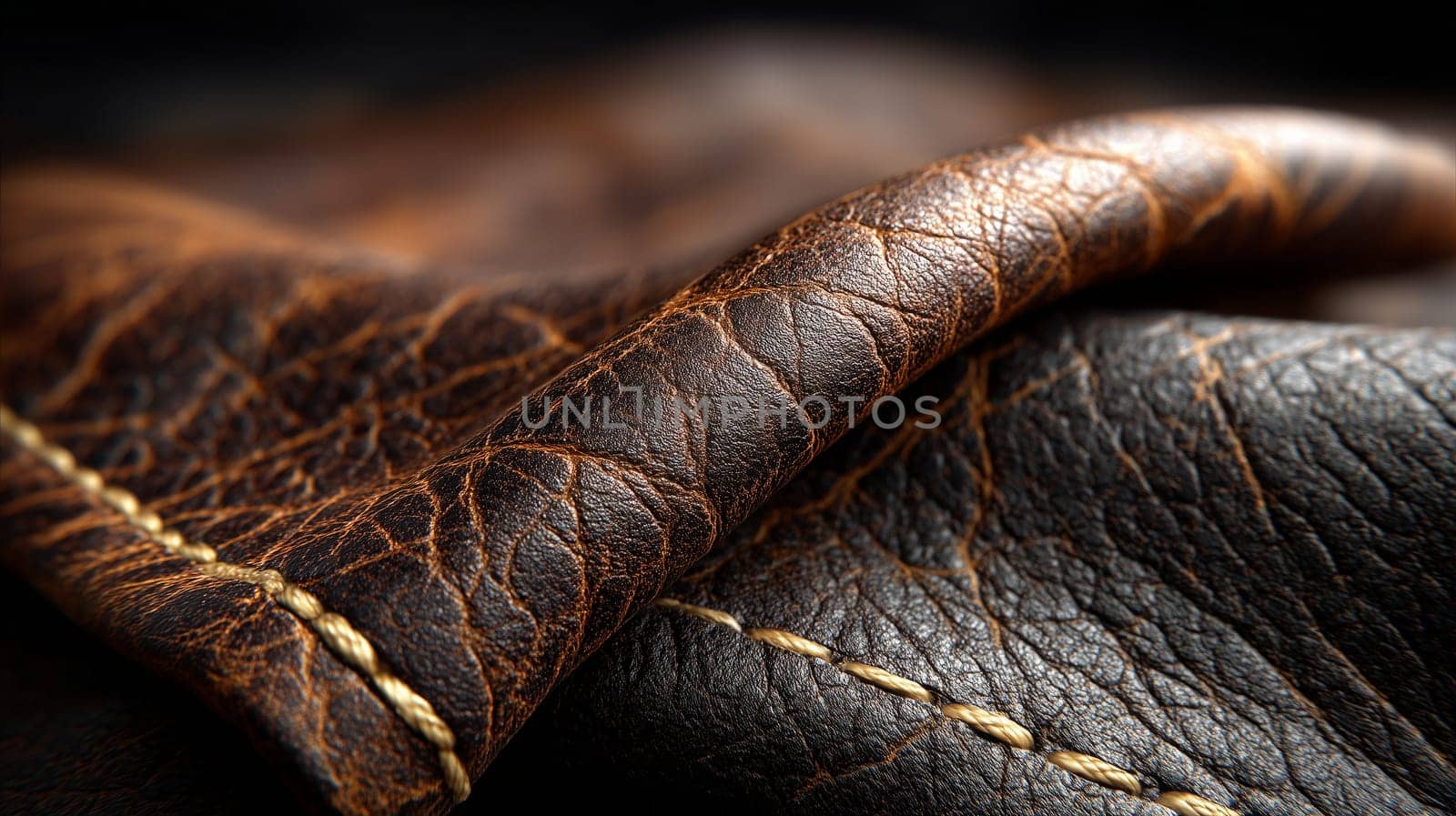 Macro shot of textured, vintage leather with visible stitching, highlighting the intricate details of the material and craftsmanship.