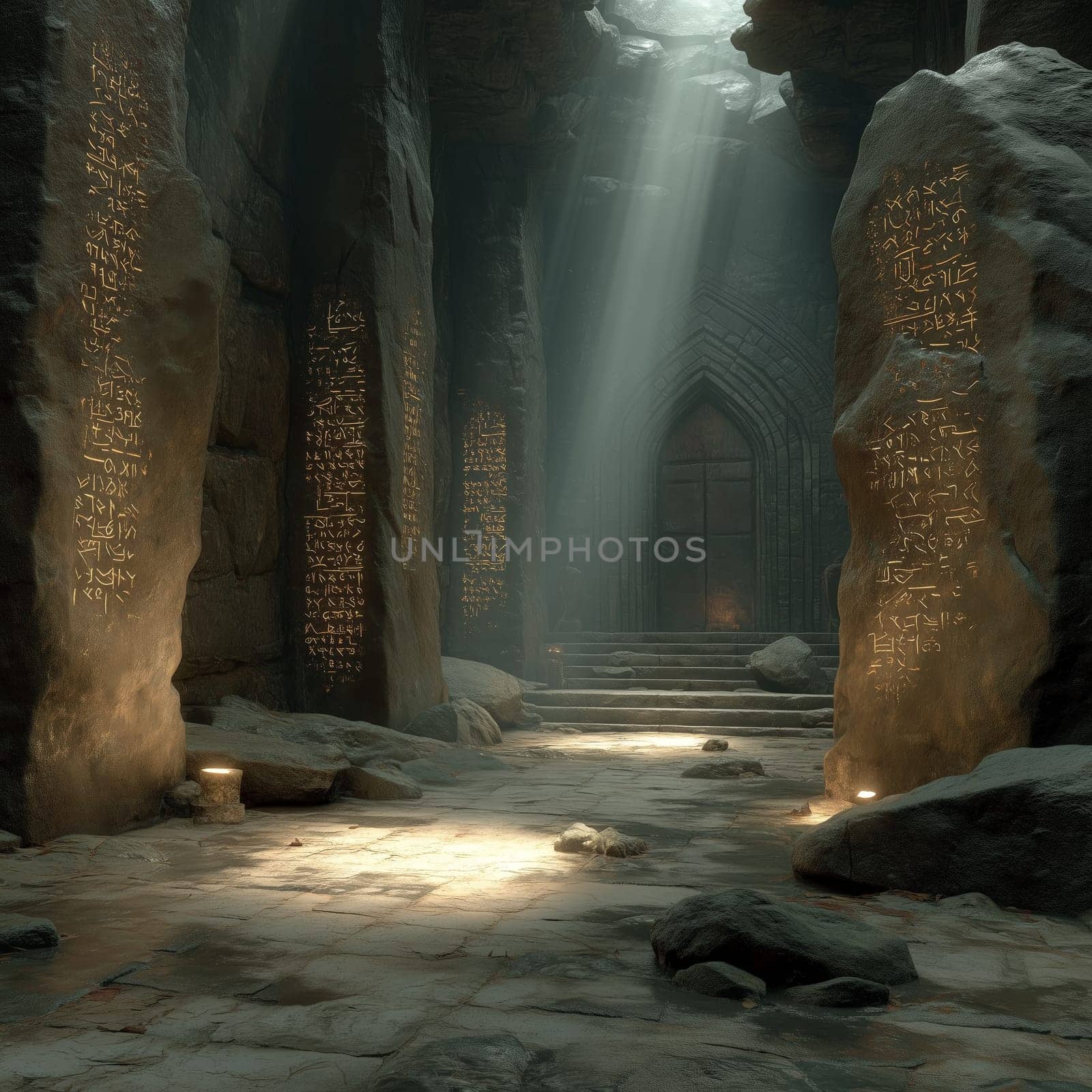 Dark ancient temple interior with glowing rune-covered pillars, worn stone floor, and mysterious closed doorway illuminated by beams of light.