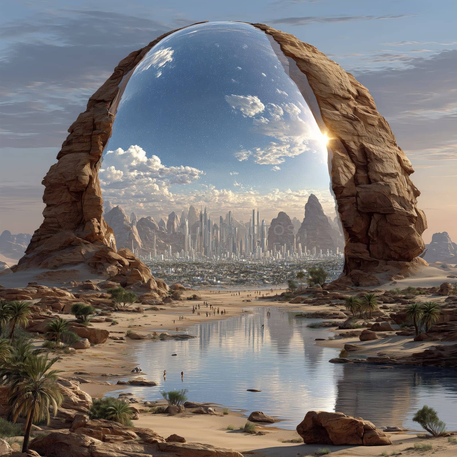 Sci-fi cityscape in a desert, enclosed under a giant transparent dome shaped like an arch, surrounded by rocky cliffs, palms, and a reflective water source.