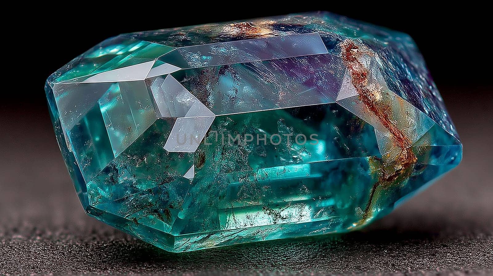 Close-up of a blue faceted gemstone with natural inclusions and visible copper-colored mineral veins, placed on a dark textured surface.