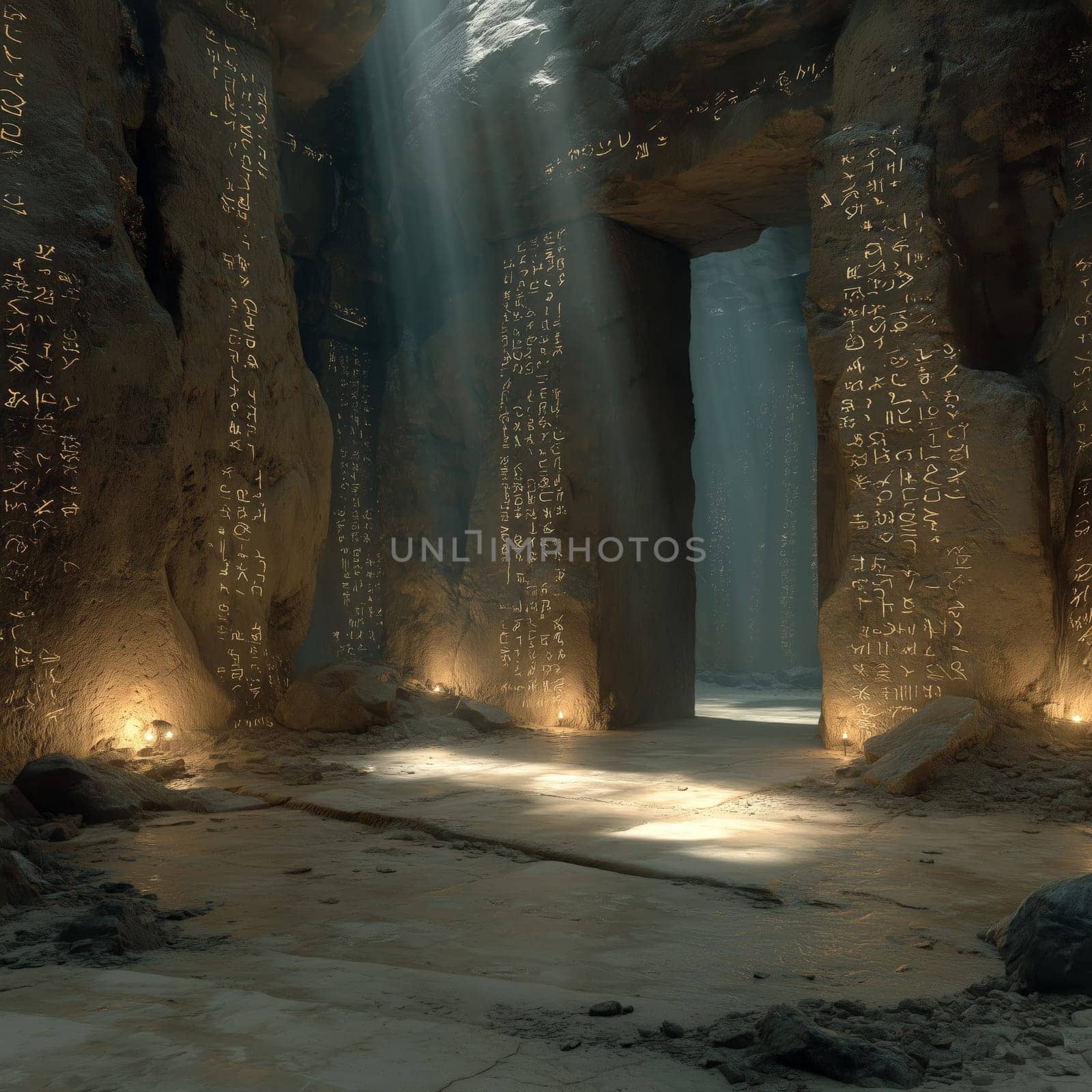 Mysterious underground temple with tall stone pillars covered in glowing runes, bathed in soft light from above, evoking ancient rituals and lost civilizations.