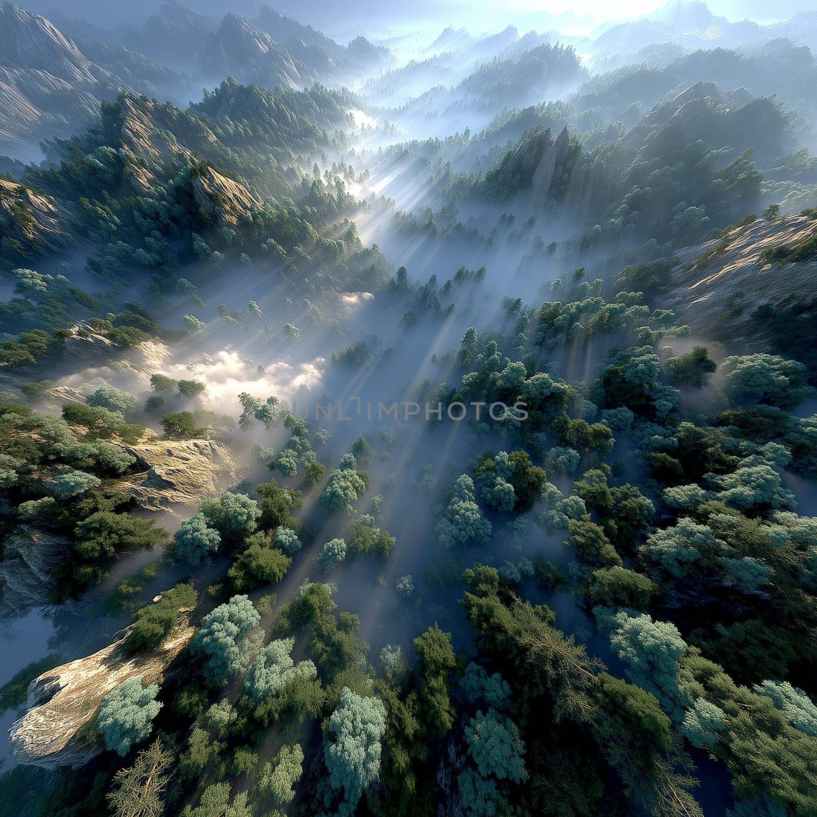 Aerial view of a vast mountain valley covered in mist and dense forest, with dramatic sunbeams casting long shadows in the early morning light.