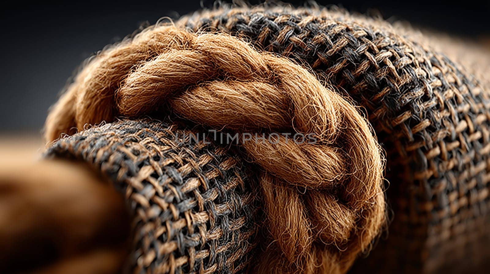 Macro shot of a jute rope tied in a knot resting on coarse woven burlap fabric, highlighting the texture of the natural fibers and the intricate knotwork.