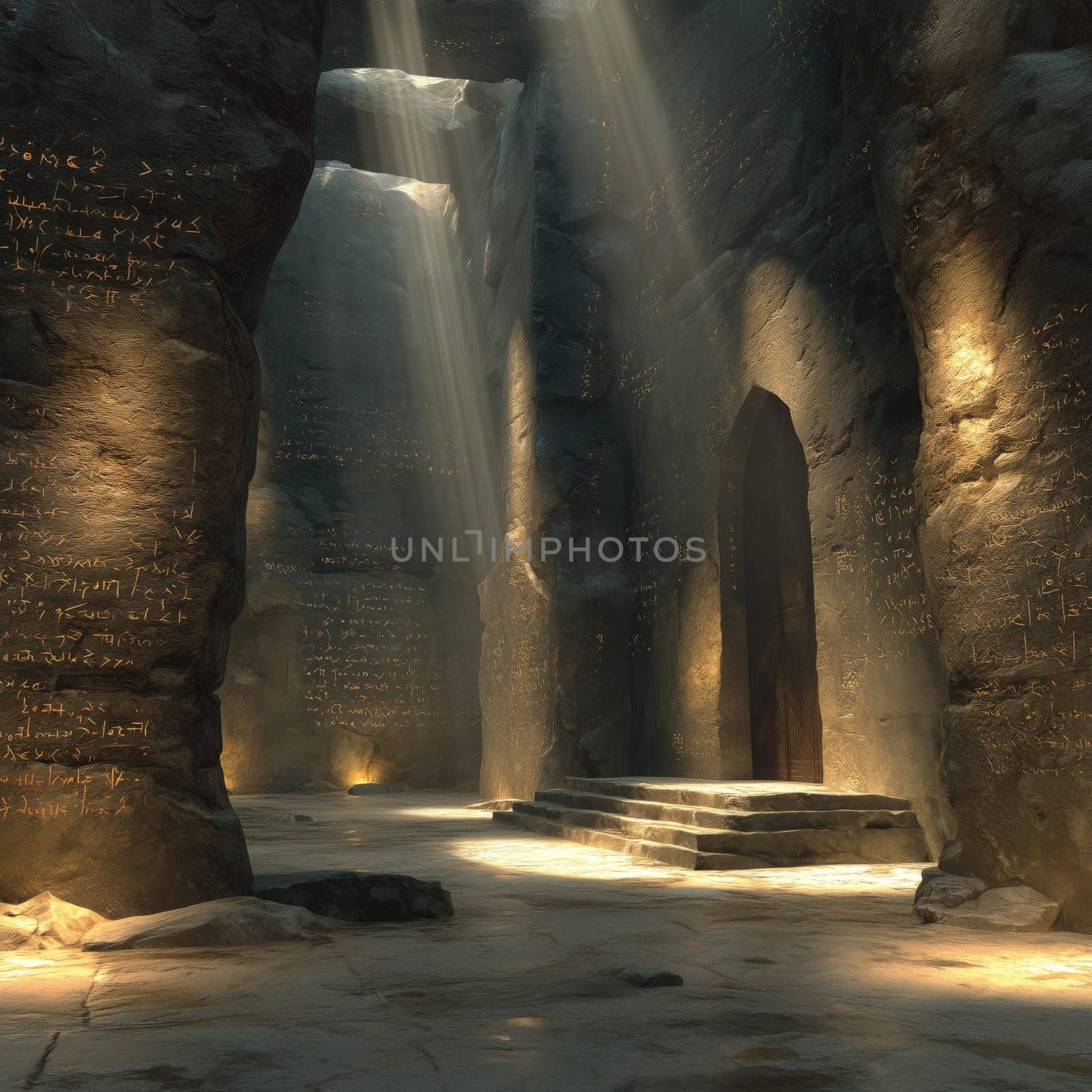 An ancient stone chamber with carved inscriptions, mysterious glowing symbols, and light beams illuminating the sacred space.