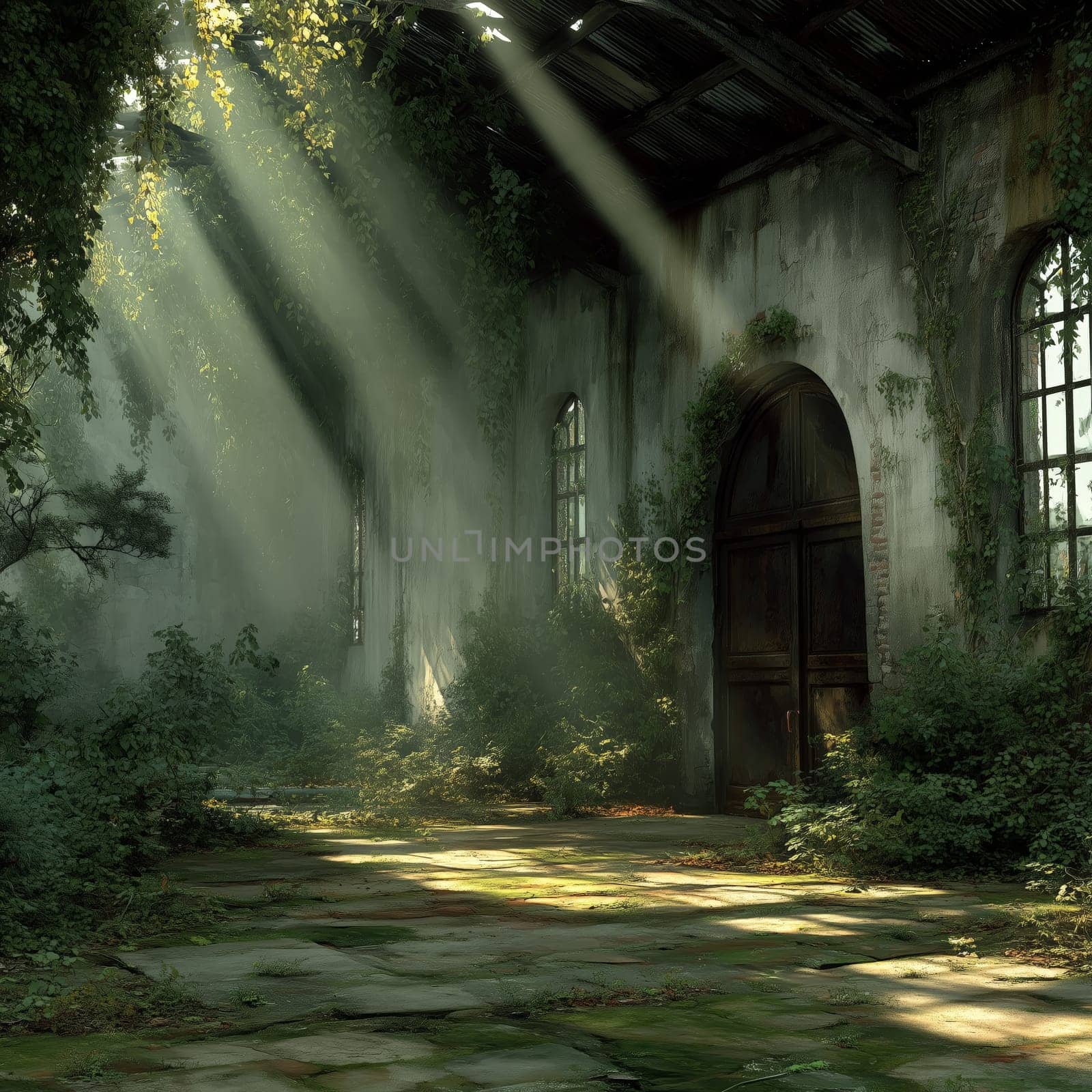 Light streams through the roof of a deserted building, illuminating wild plants, mossy stone floor, and a dark wooden door surrounded by climbing ivy.