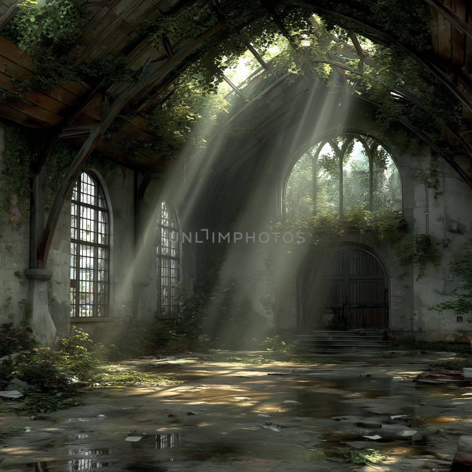 Overgrown gothic church interior with tall arched windows and sunbeams illuminating plants, puddles, and decay on the stone floor beneath a broken roof.