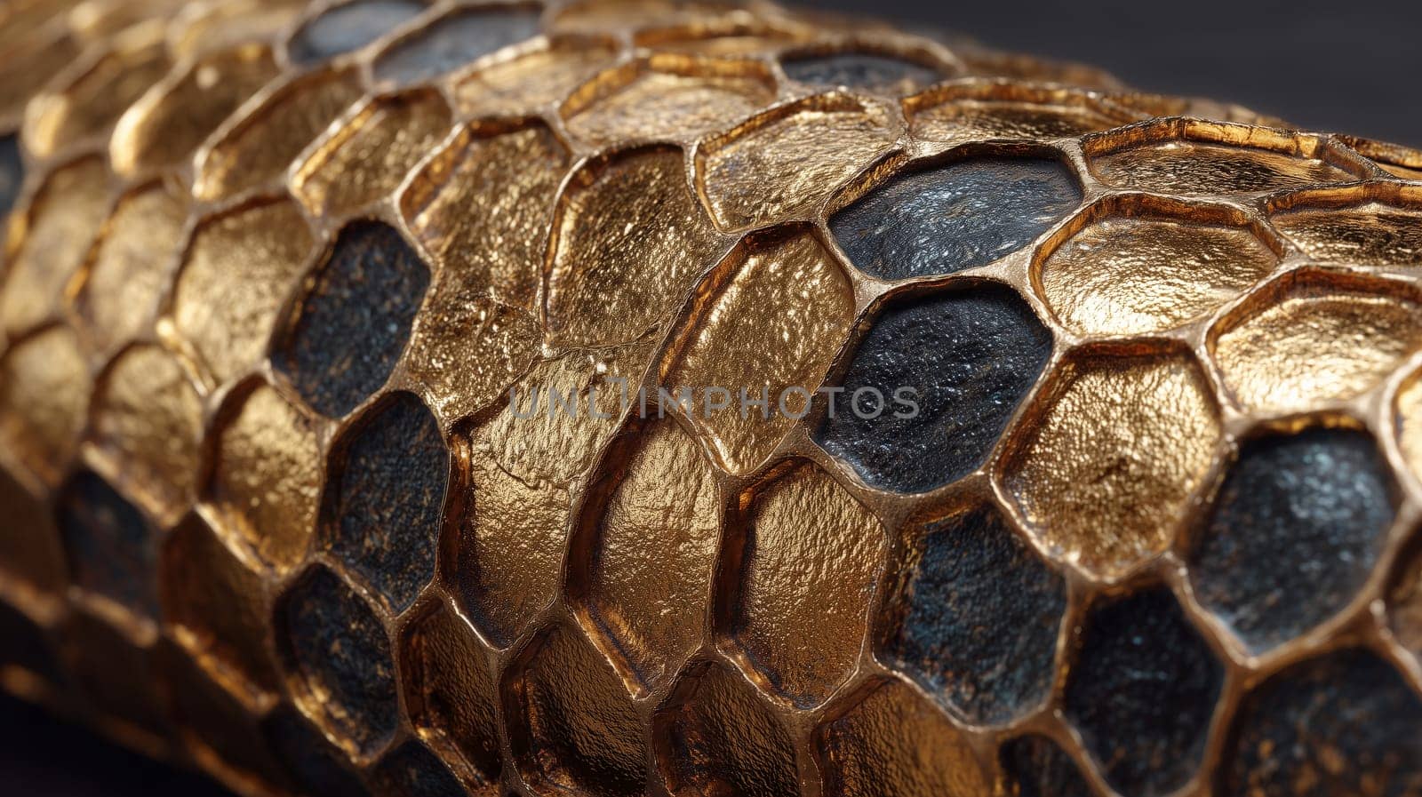 Close-up of an abstract surface with gold and black hexagonal tiles. Shiny textured material resembling armor or reptile skin with a luxurious finish.