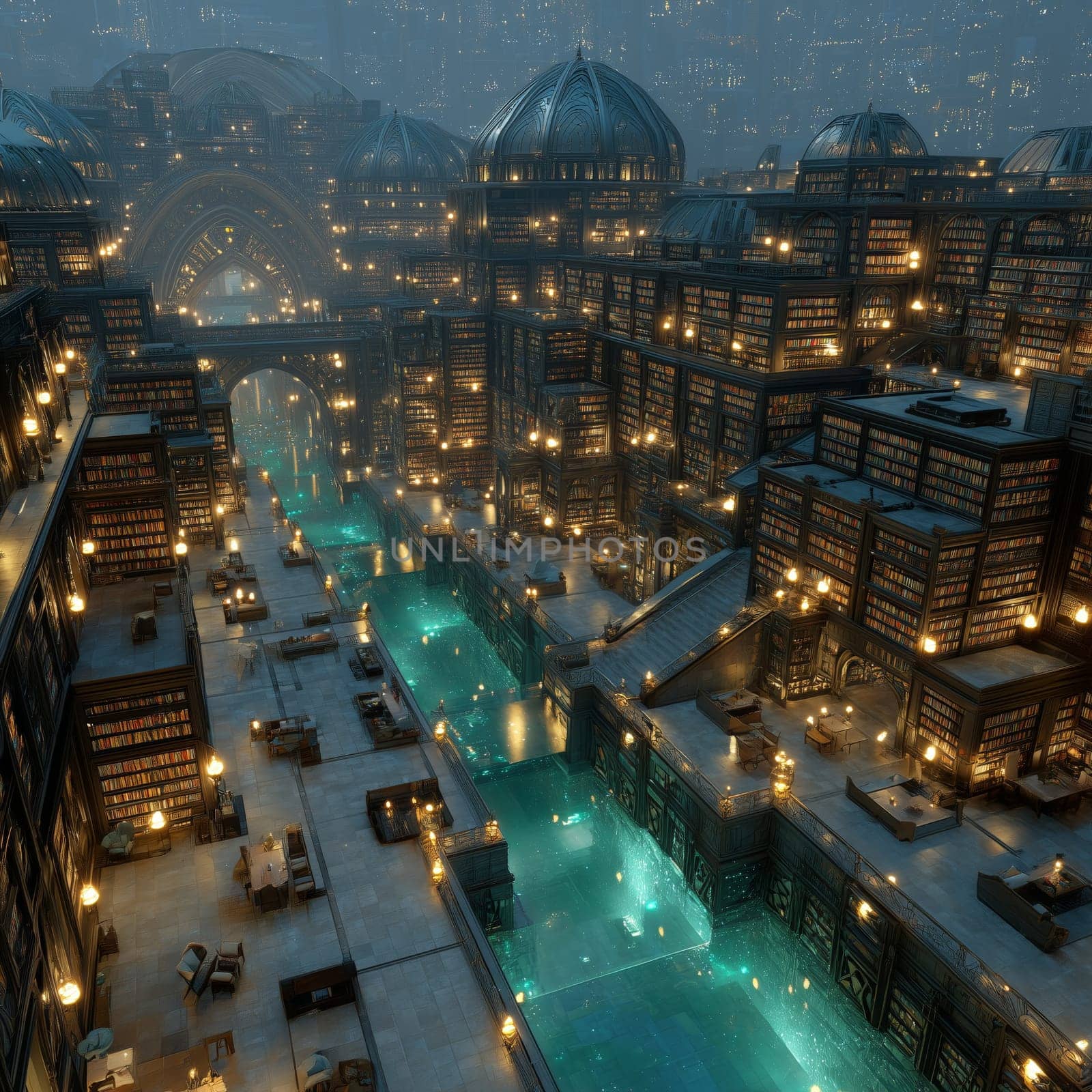 Majestic library complex with towering bookshelves, glowing turquoise canals, domed roofs, and ambient lighting in a dreamy, fantastical setting. No people.