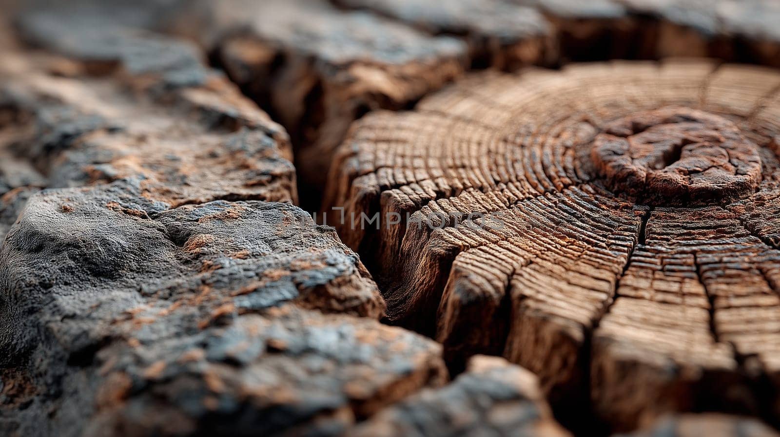 Close-up view of a dried tree stump with visible age rings, deep cracks, and rough, textured bark under natural light. Ideal for nature and texture backgrounds.