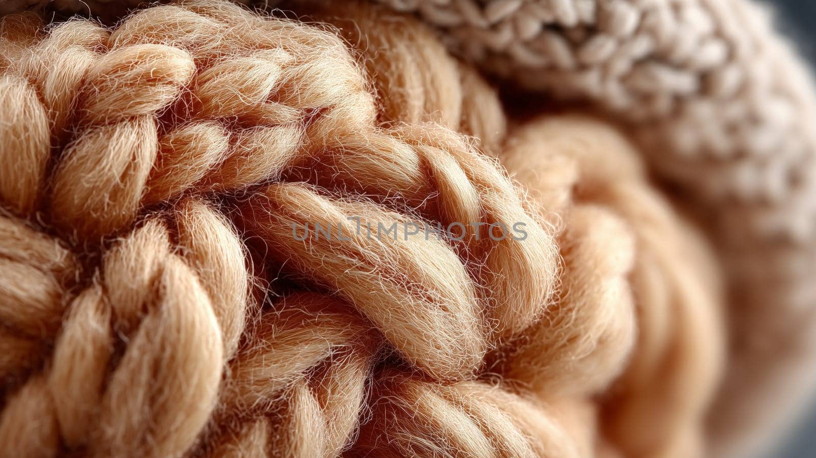 Extreme close-up of fluffy beige braided yarn, showing detailed natural fibers and soft texture in warm, neutral tones. Ideal for textile or craft themes.