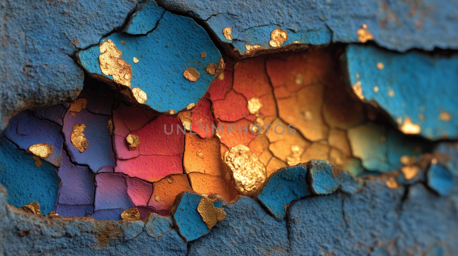 Close-up of peeling blue, red, and orange paint with gold flakes exposed beneath, creating an artistic and textured pattern.