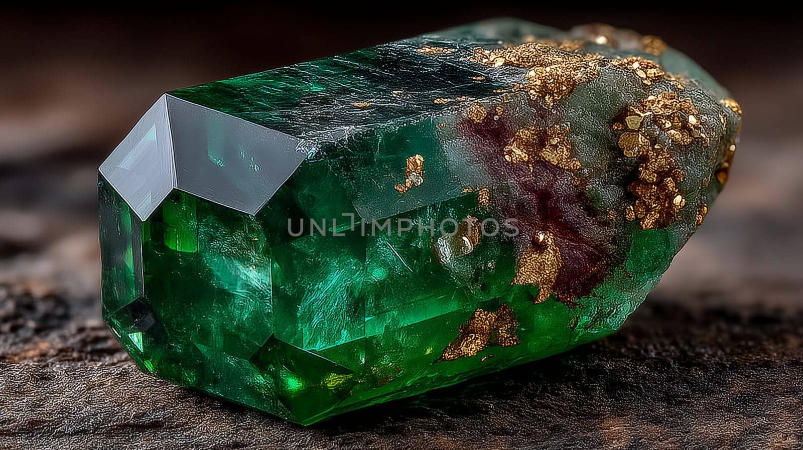 Close-up of a faceted green emerald crystal partially covered with natural gold and mineral deposits, displayed on a textured stone surface.