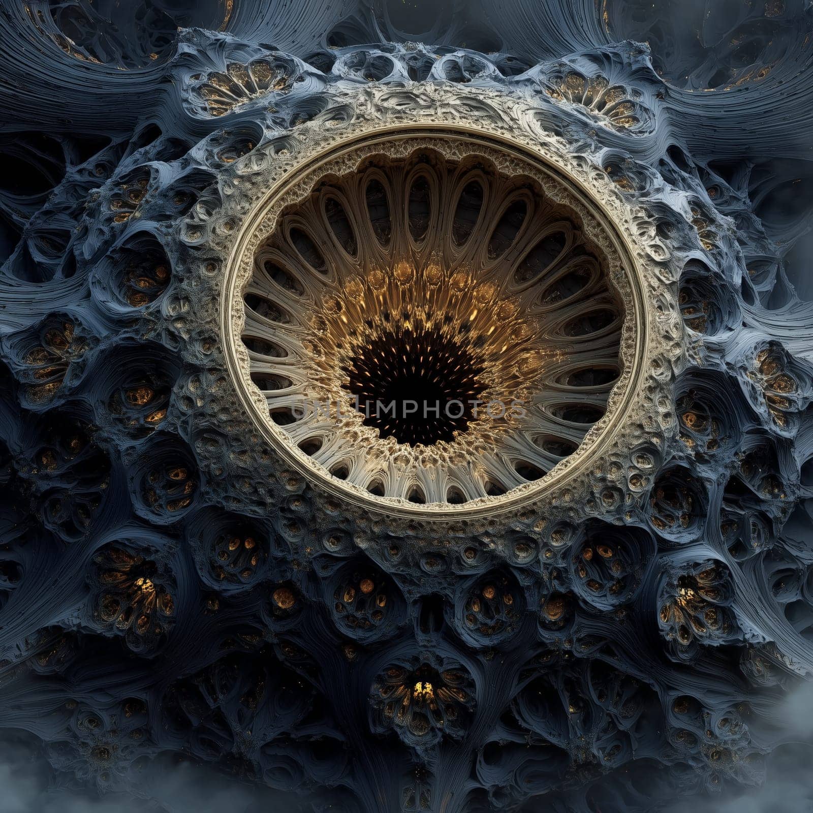 Complex fractal formation featuring a large circular opening with intricate textures and a glowing gold center, resembling a portal or architectural eye.