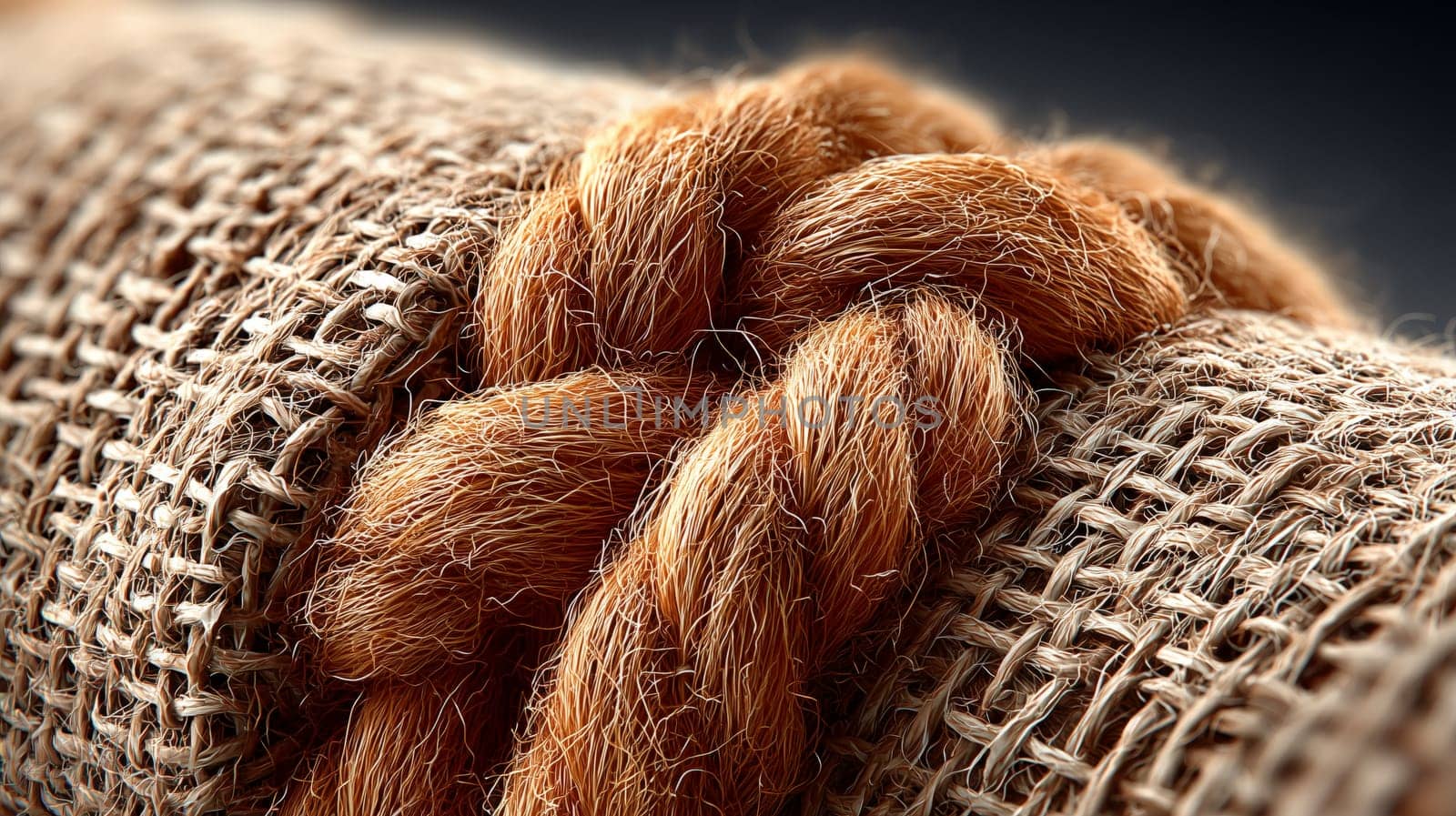 Macro shot of a thick twisted rope knot made of natural fibers resting on coarse woven burlap, highlighting texture and material detail.