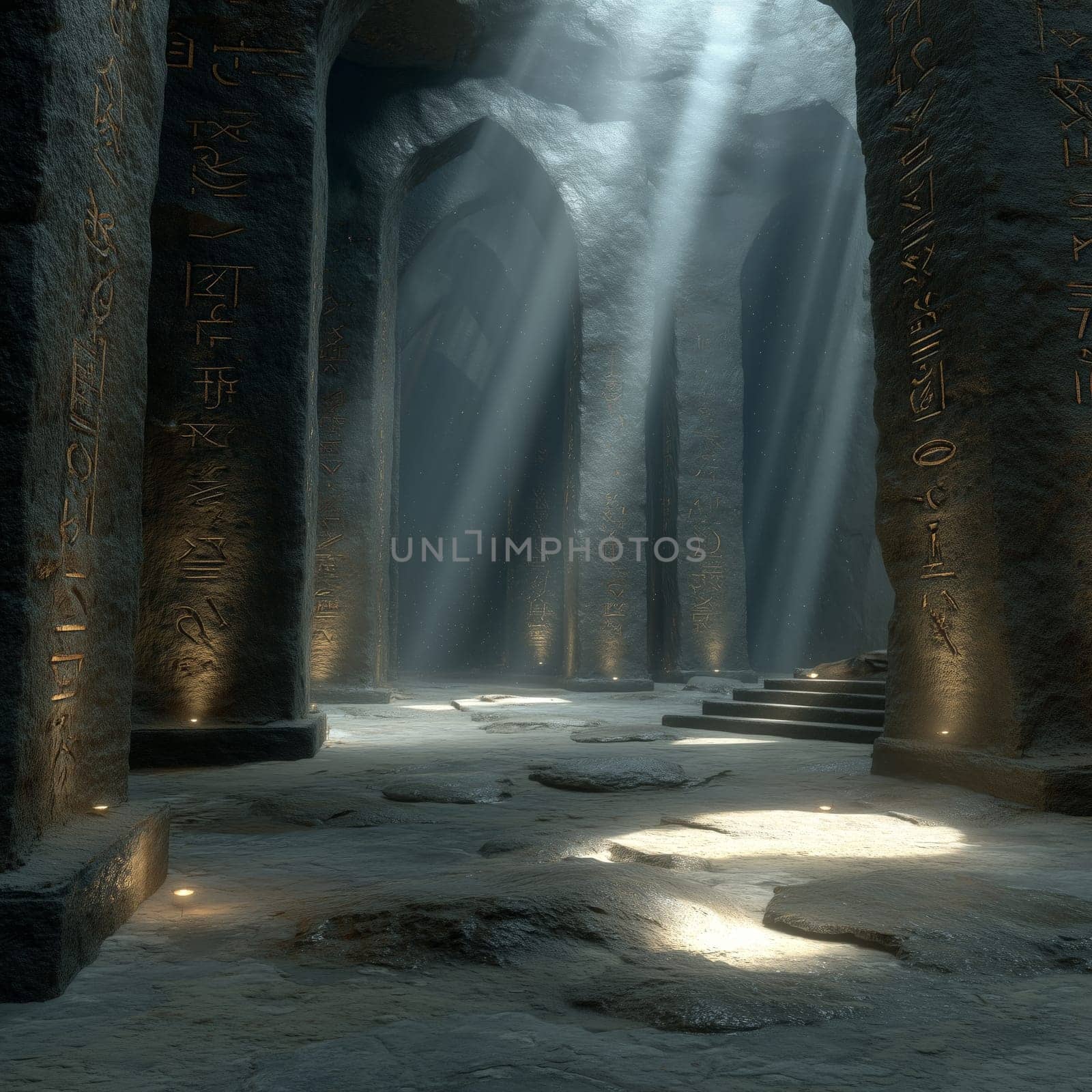 An ancient, mystical temple with stone pillars covered in glowing hieroglyphs, illuminated by beams of light filtering through cracks in the ceiling.