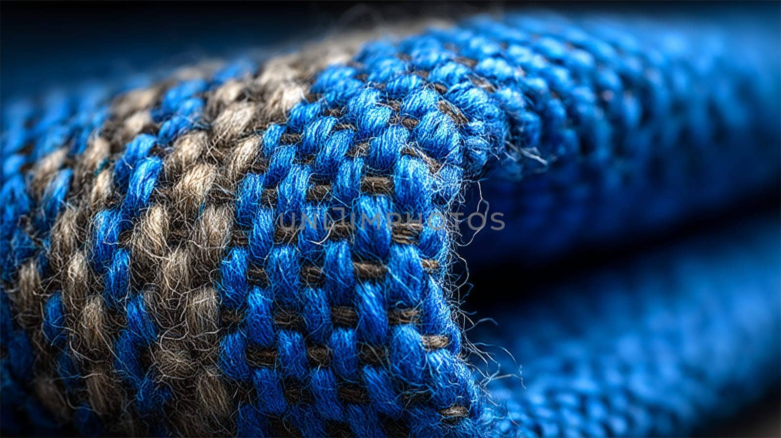 Extreme close-up of textured woven fabric in blue and gray yarn, showing detailed fibers, weave pattern, and fabric texture in high resolution.