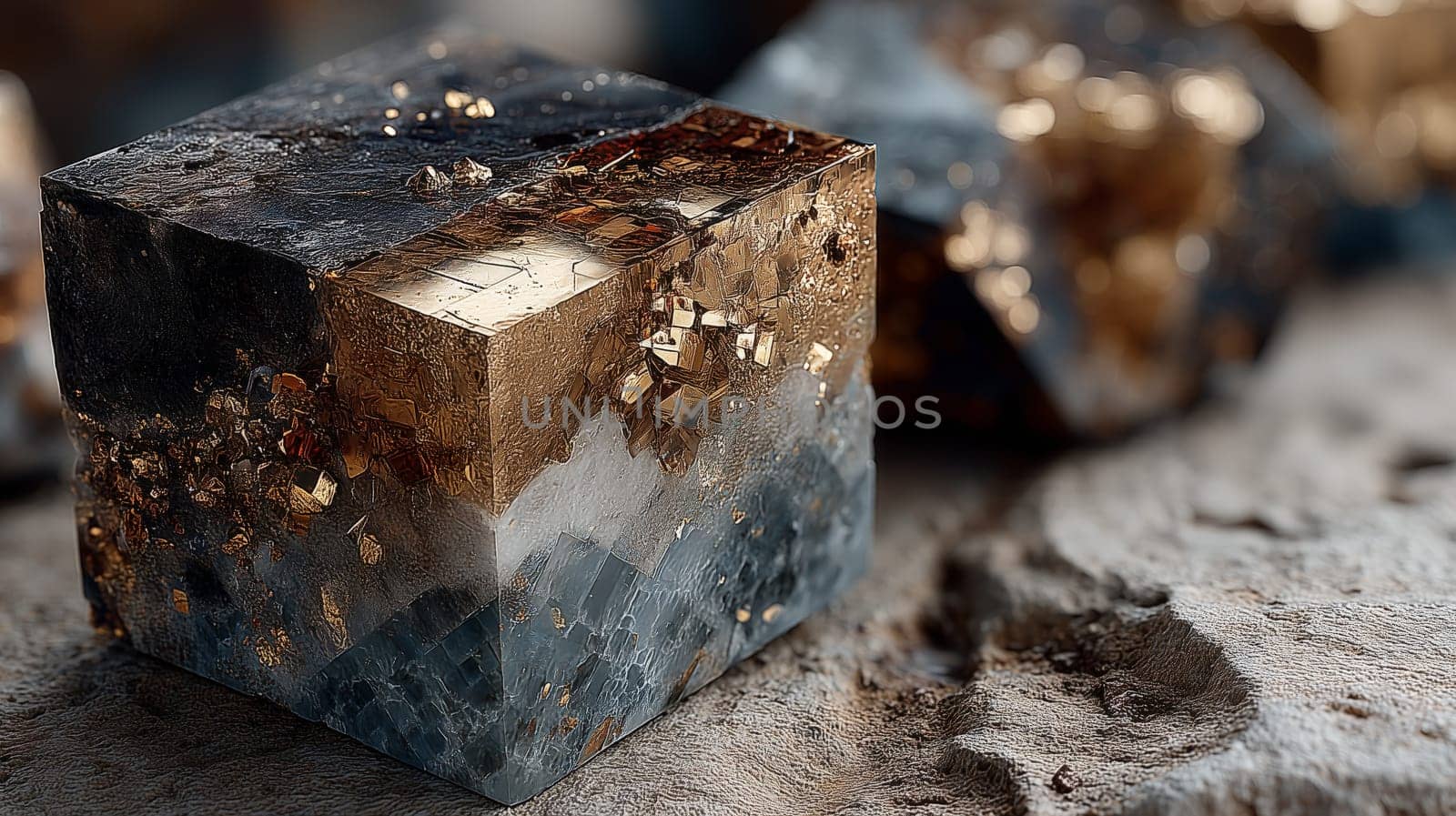 Close-up of a geometric gemstone cube featuring embedded gold crystals, smooth polished facets, and layered textures of stone, ore, and metallic elements.
