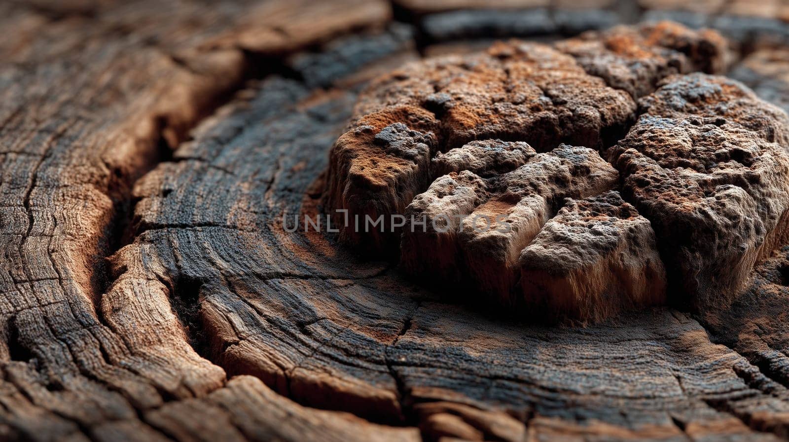A close-up shot of a weathered tree stump with visible growth rings, cracks, and rough textures, showcasing the natural aging of wood.