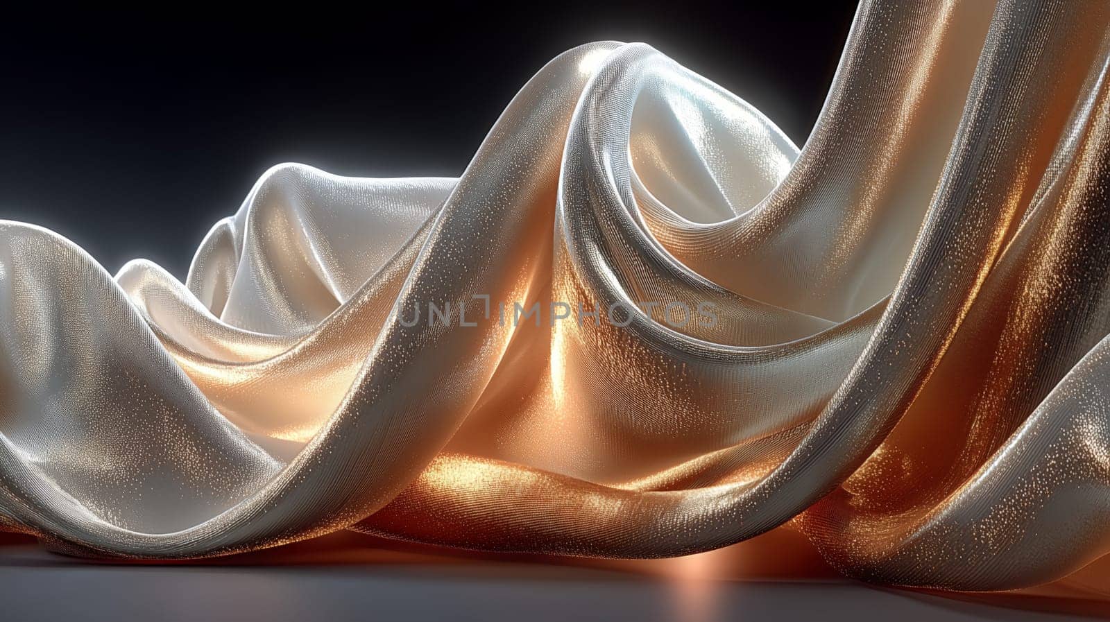 Luxurious satin fabric in white and gold with glowing highlights and soft folds, captured in a dramatic close-up with smooth, shimmering texture.
