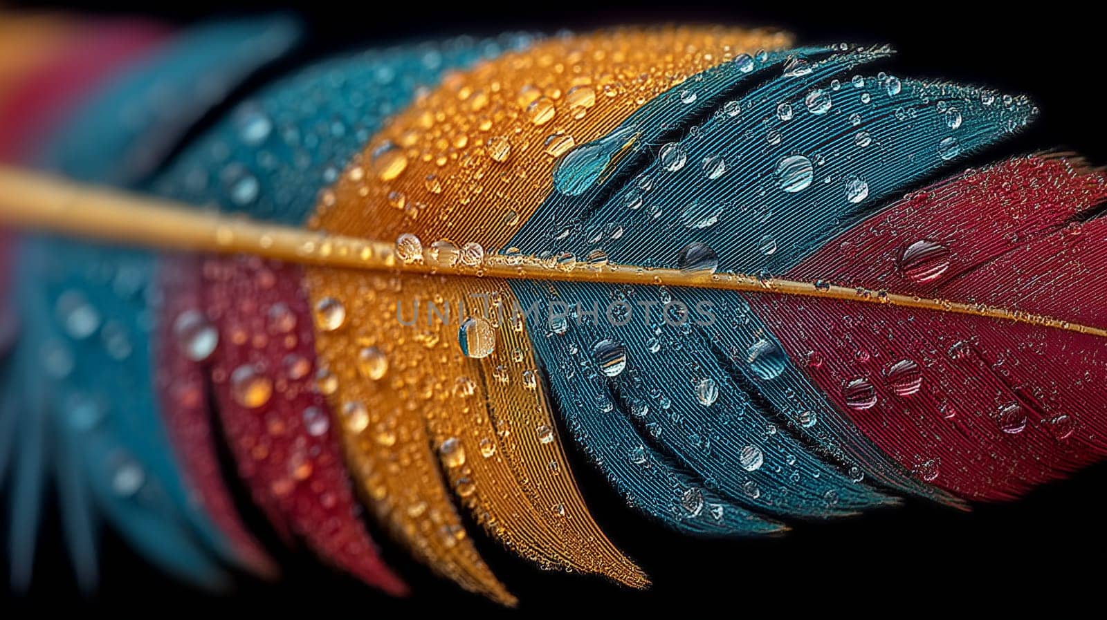 A vibrant, macro shot of a colorful feather with droplets of water on its surface. The feather displays intricate details and rich hues of blue, orange, and red.