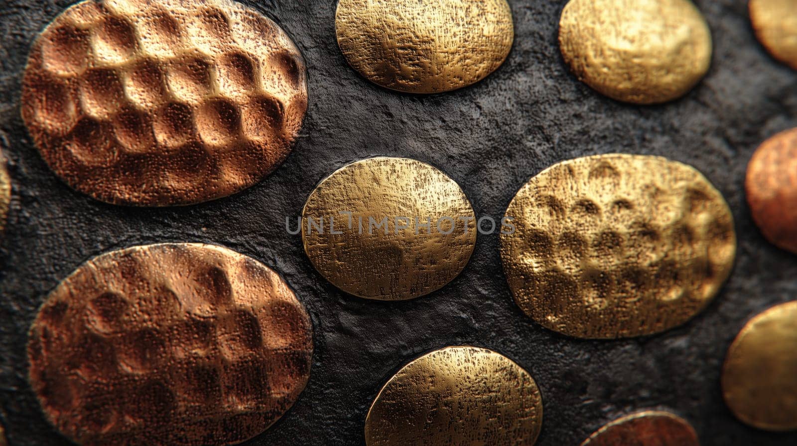 Close-up of round hammered metal discs in gold and copper tones placed on a dark textured surface. Abstract metallic design with rich detail.