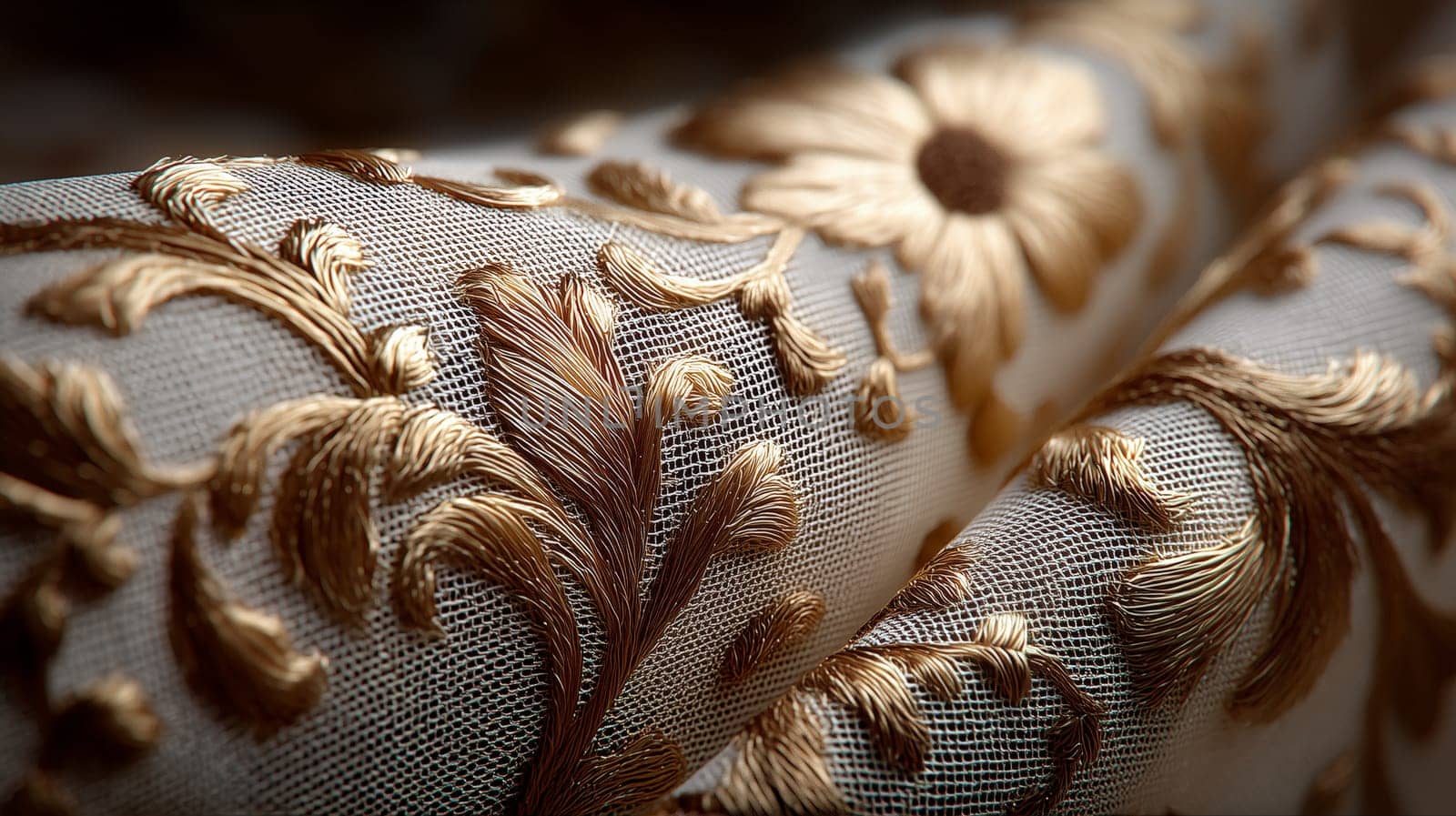 Detailed close-up of elegant gold thread floral embroidery on fine mesh lace fabric, showing texture, craftsmanship, and ornamental design.