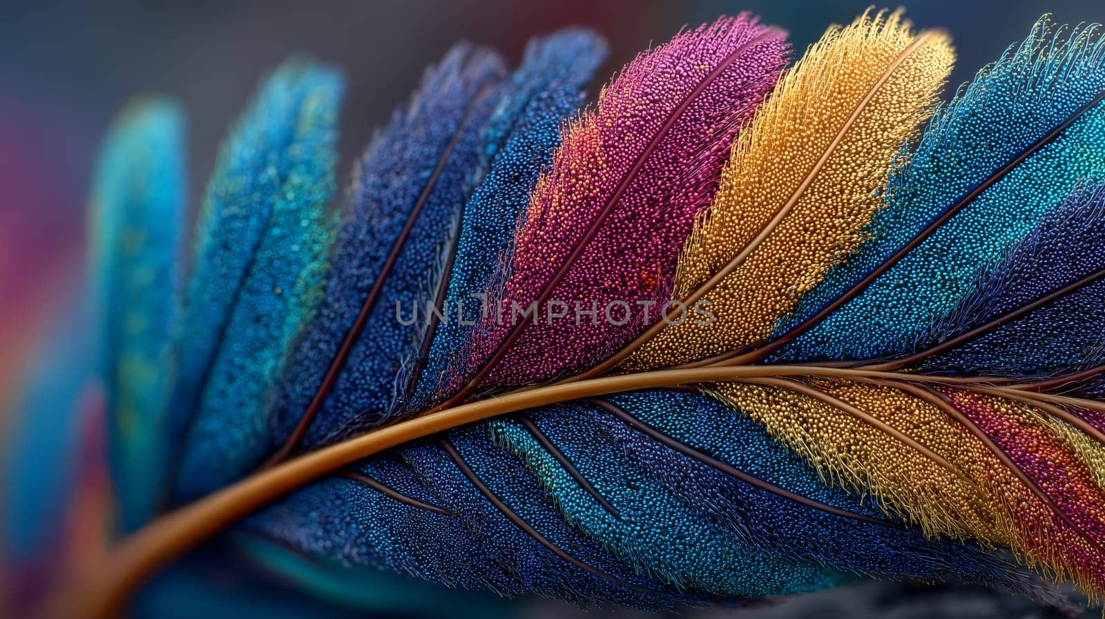 A stunning macro shot of a feather displaying rich, iridescent colors, featuring shades of blue, purple, and gold, with fine textures and intricate details.