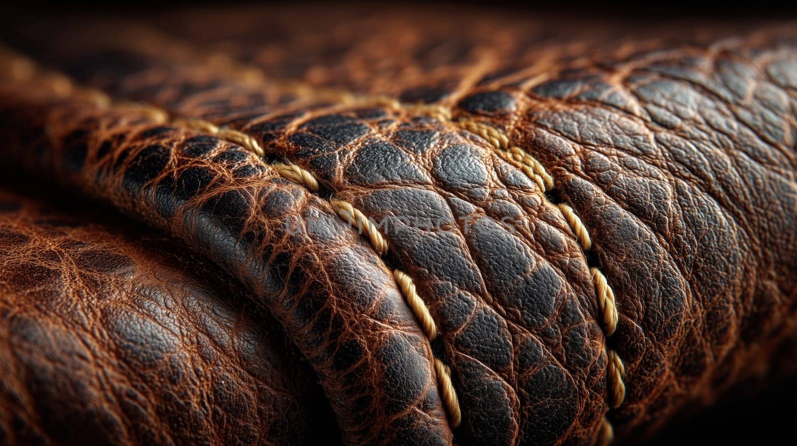 Macro shot highlighting the intricate texture and stitching of worn brown leather, showcasing the craftsmanship and durability of the material.
