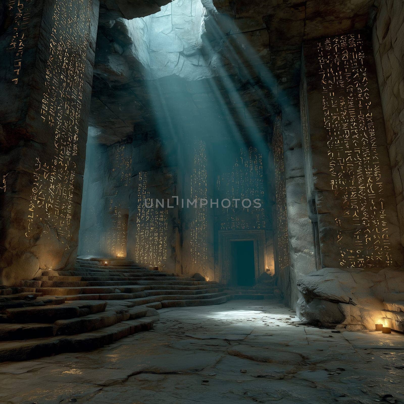 An ancient stone chamber illuminated by beams of light, with glowing inscriptions on the walls and a sense of mystery and history.