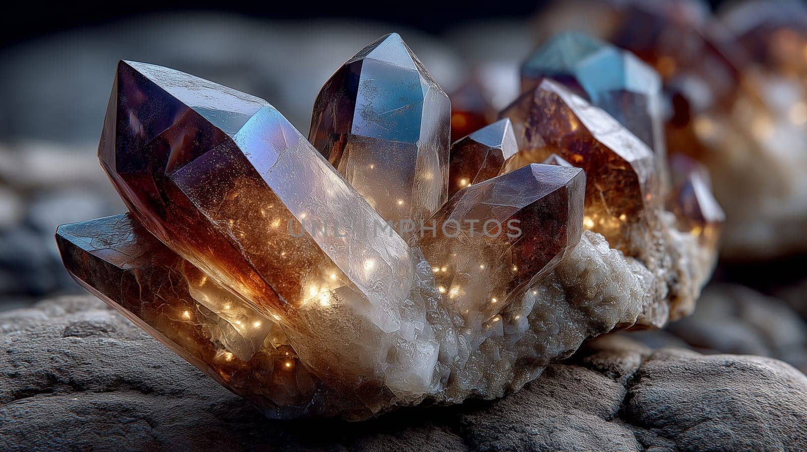 Close-up of a smoky quartz cluster with pointed crystals and glowing inclusions, resting on a rugged stone surface in a softly lit environment.