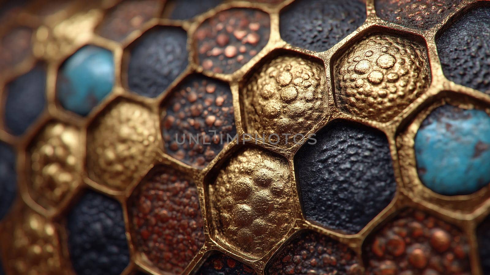 Close-up of a decorative hexagonal surface with raised textures in gold, copper, and turquoise tones. Abstract metallic mosaic with artisan detail.