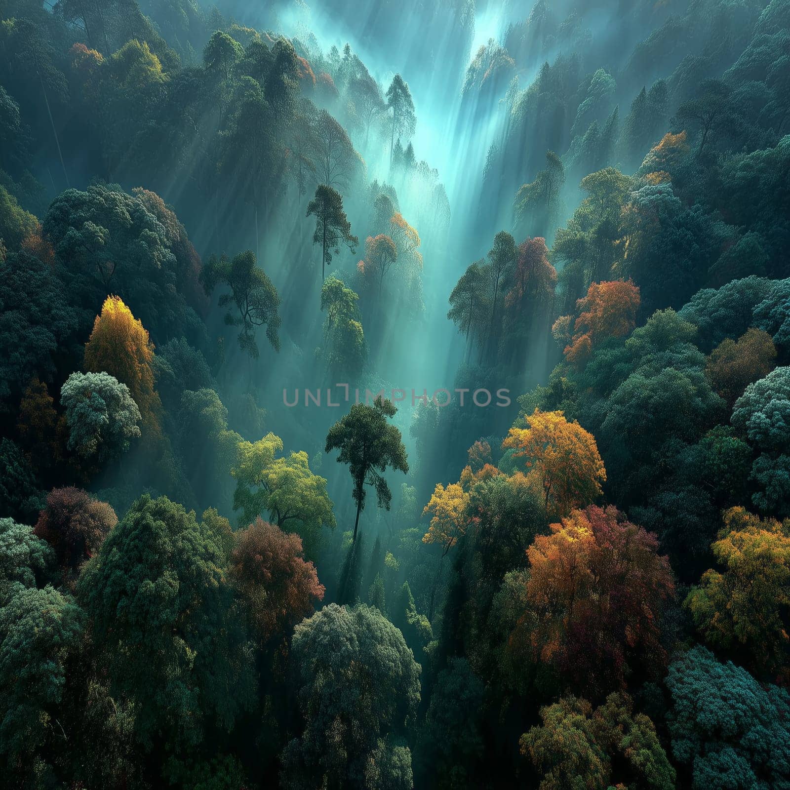 Aerial view of a vibrant forest filled with multicolored autumn trees and mist, as rays of sunlight pierce through the dense canopy creating a magical atmosphere.