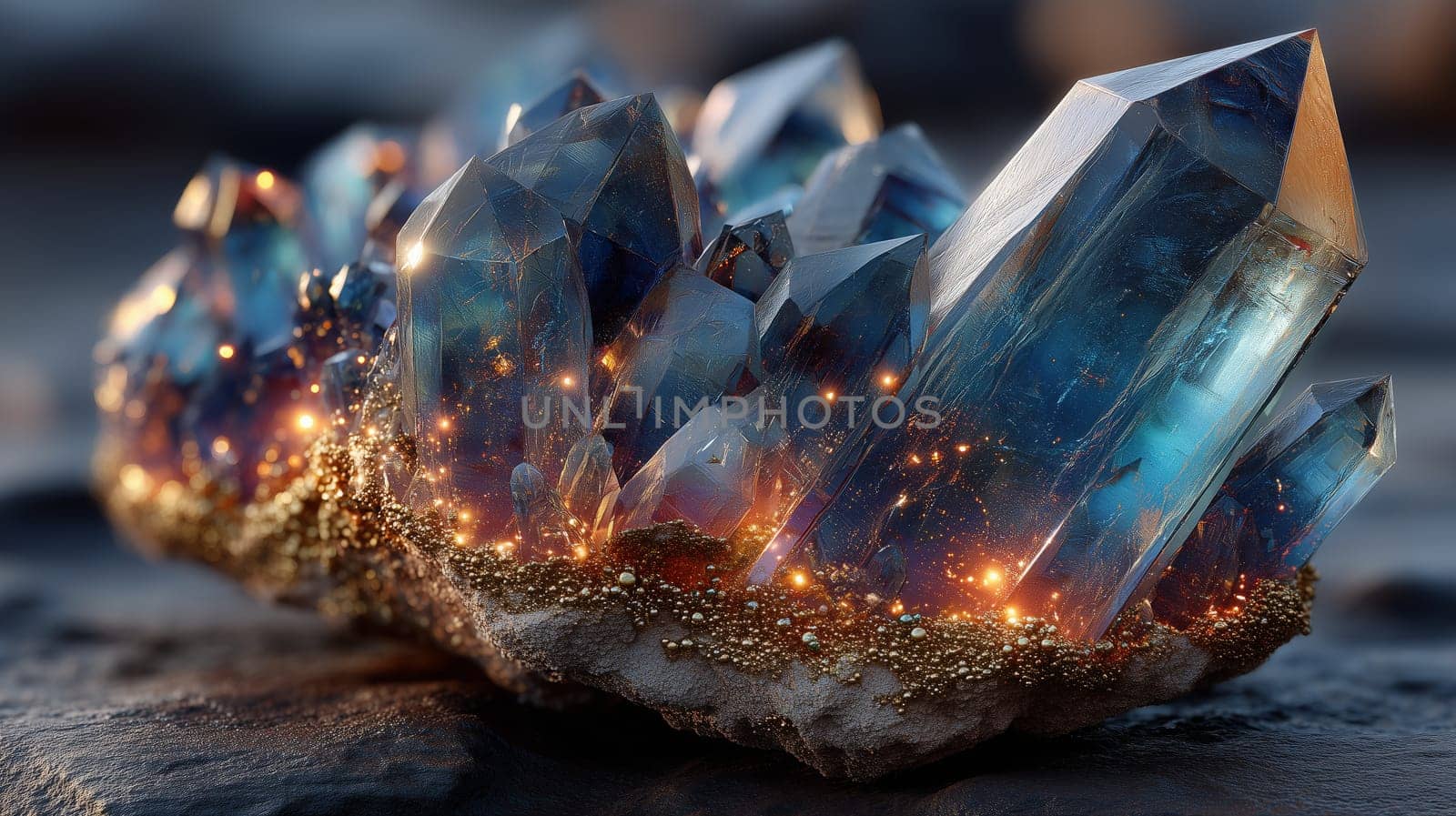 Close-up of a blue quartz crystal cluster with glowing orange and gold inclusions, resting on a textured rock surface in a softly lit environment.