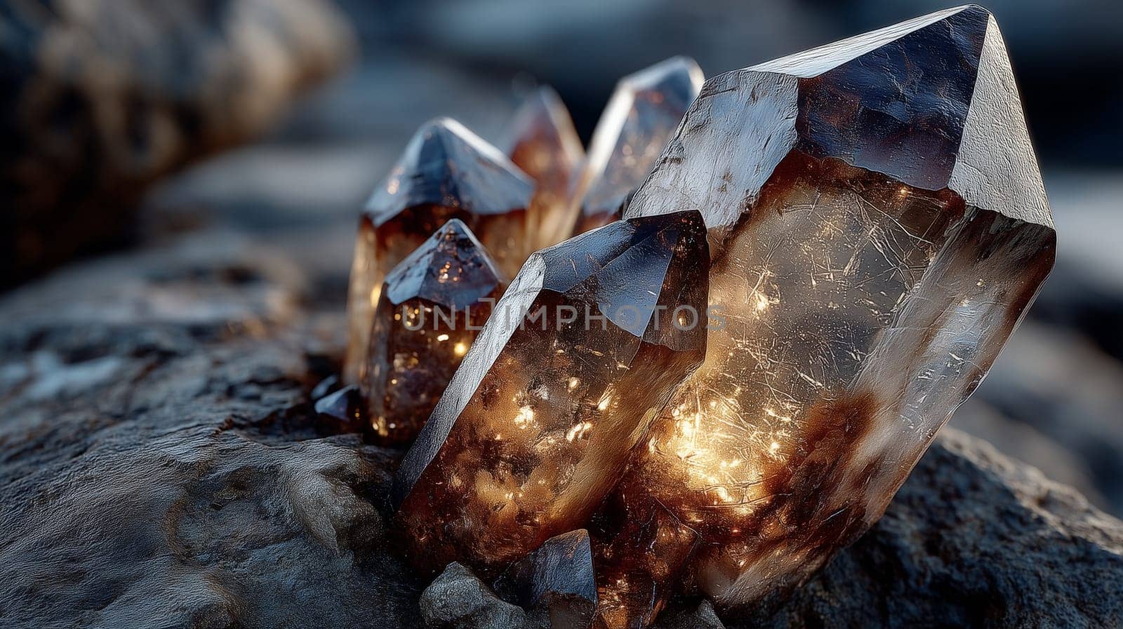 Macro photo of a smoky quartz cluster with glowing golden inclusions, featuring sharp crystal points and resting on a textured dark stone background.