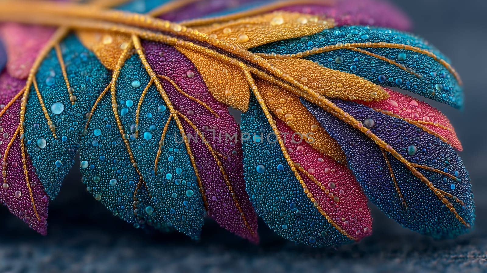 Vibrant multicolored leaf covered in dewdrops, captured in extreme macro. Detailed texture with blue, pink, purple, and gold hues.